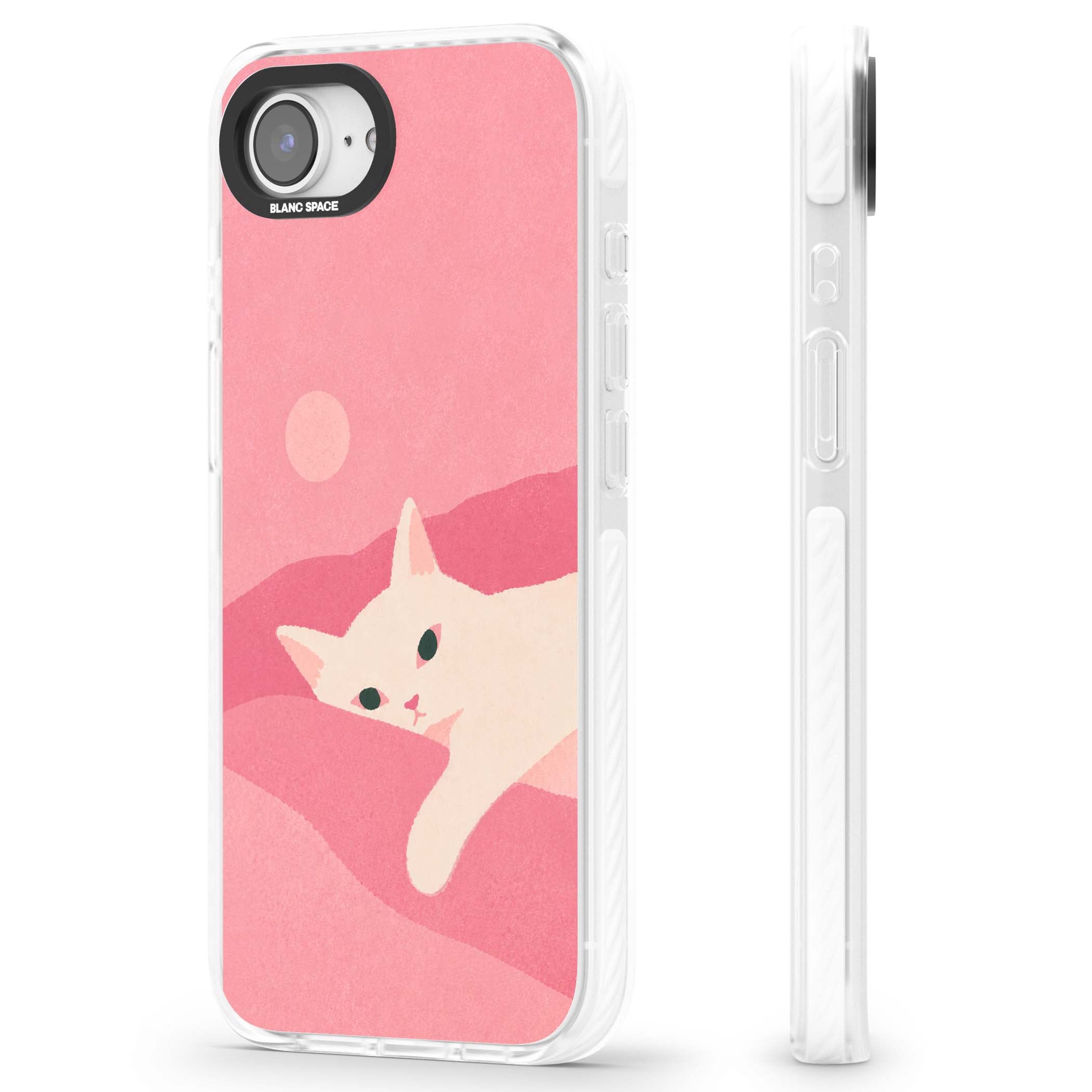 Pink Dreams cute cat iPhone case featuring a white kitten, soft pink hills and a pale pastel sun | Impact Magsafe case for iPhone 16e, iPhone 17e
