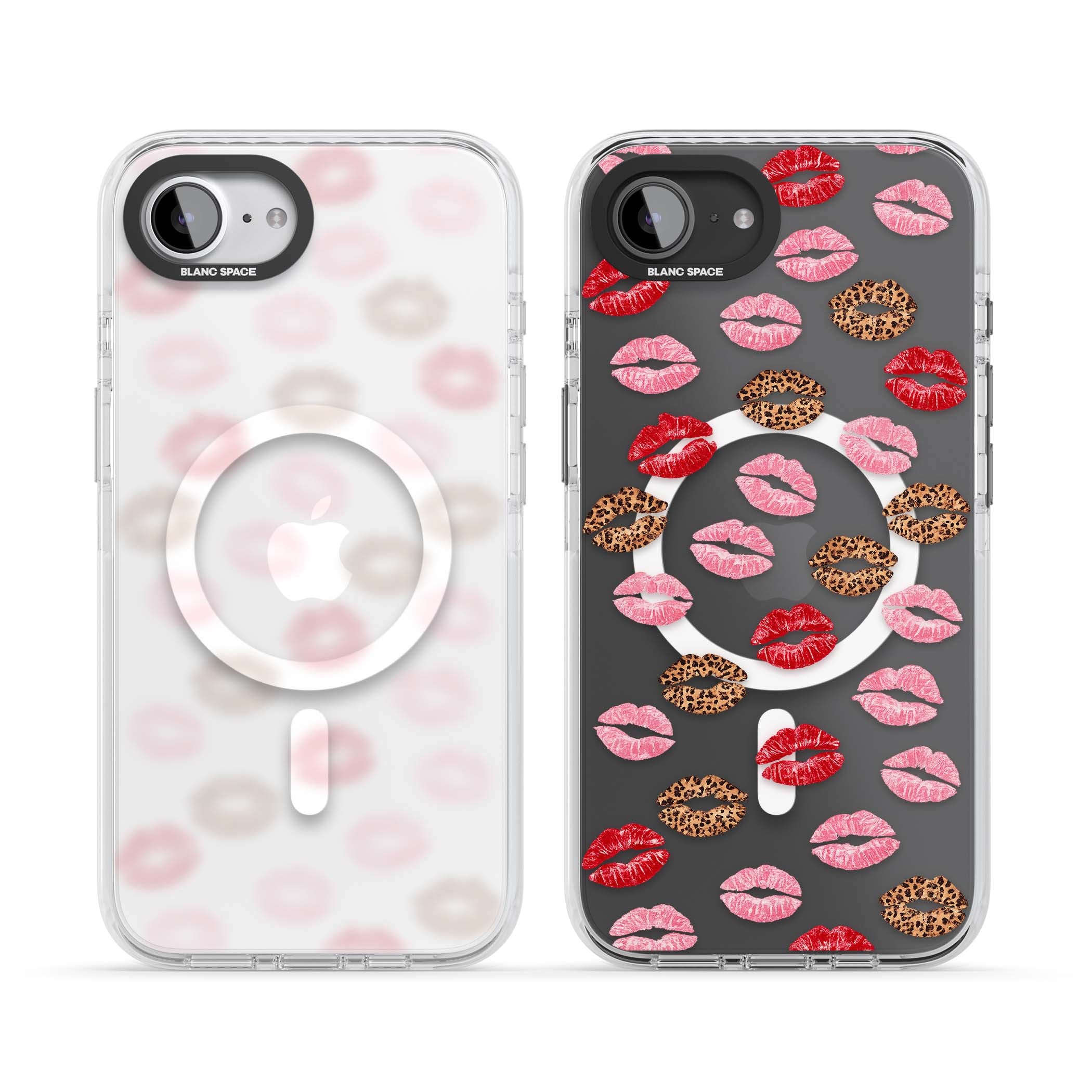 Wild Kisses coquette iPhone case featuring red, pink and leopard print lipstick kiss marks on a clear background | Impact Magsafe case for iPhone 16e, iPhone 17e