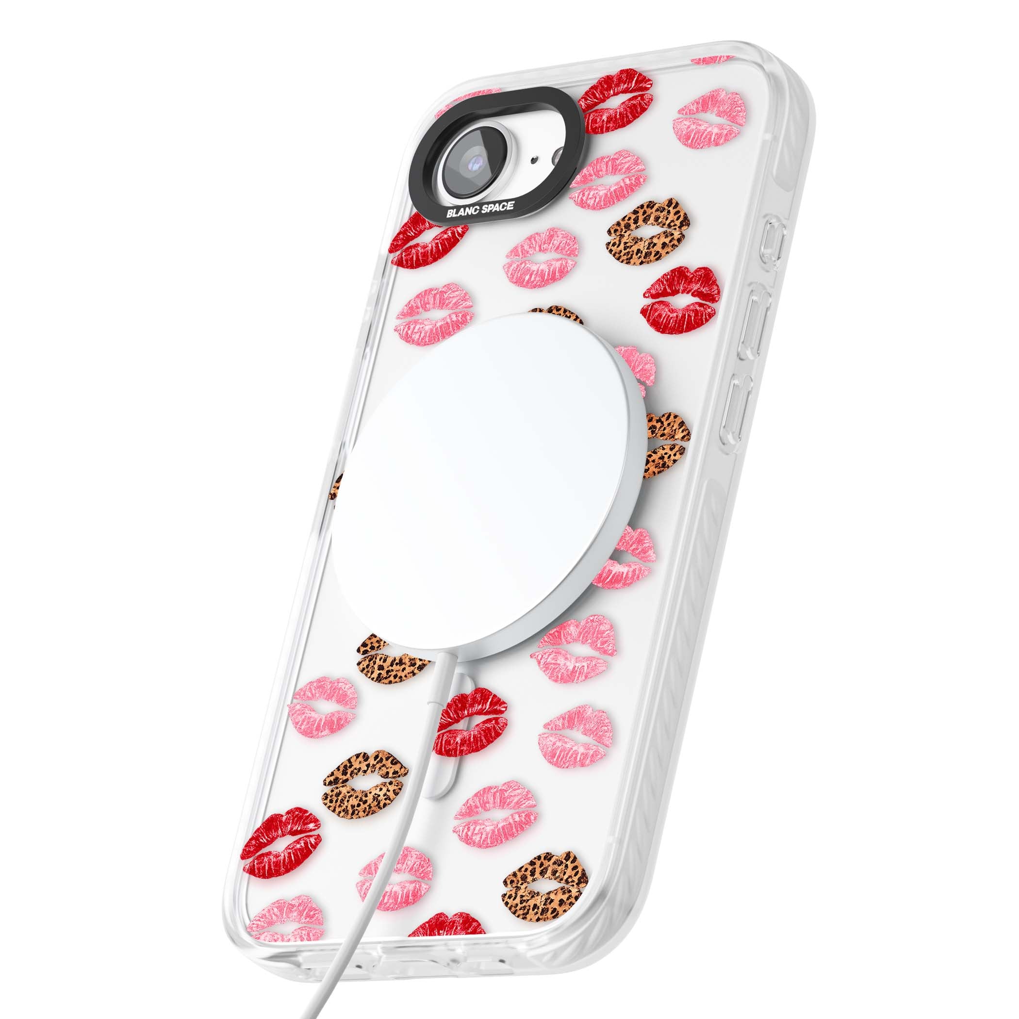 Wild Kisses coquette iPhone case featuring red, pink and leopard print lipstick kiss marks on a clear background | Impact Magsafe case for iPhone 16e, iPhone 17e