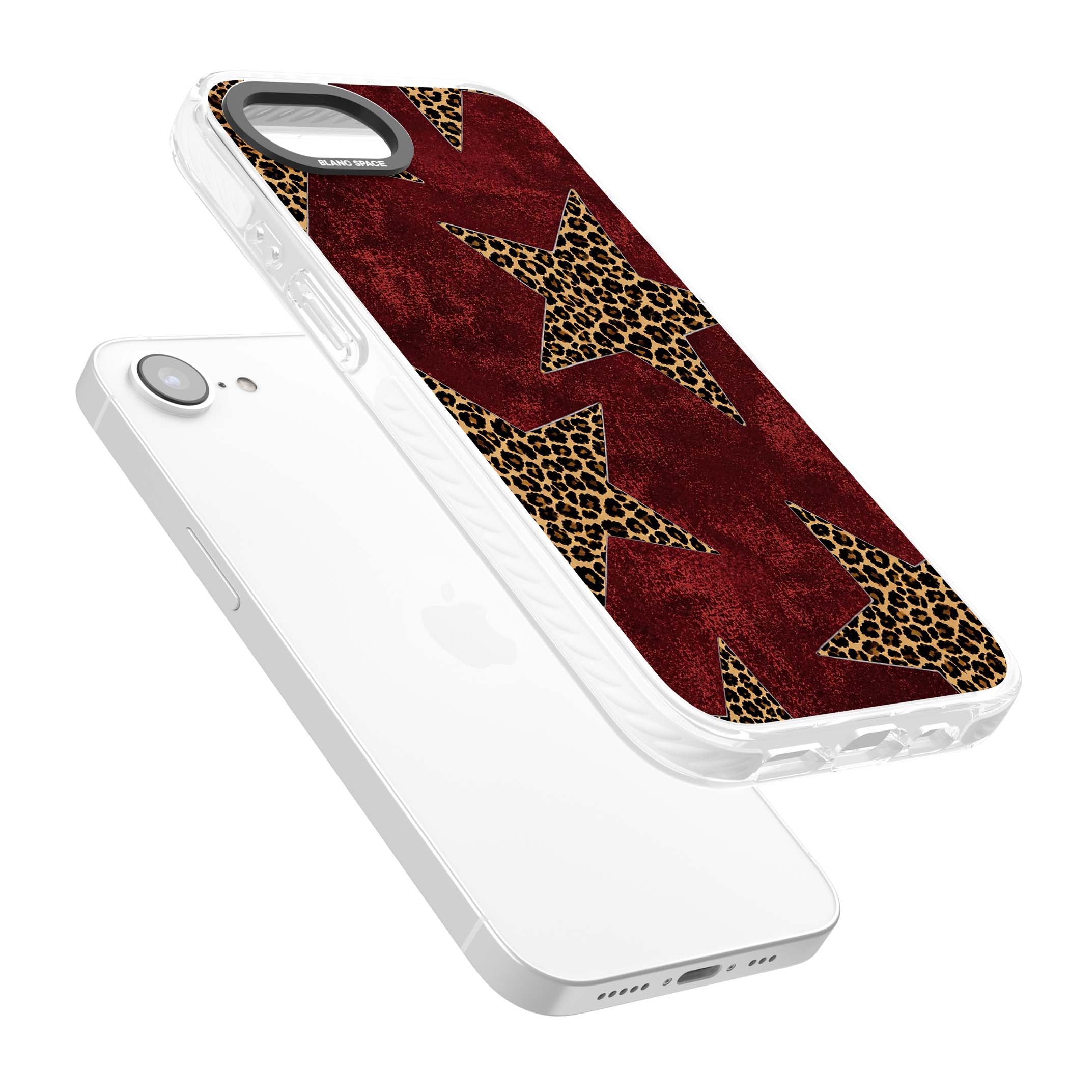 Showgirl leopard print iPhone case featuring cheetah print stars on distressed red grunge background | Impact Magsafe case for iPhone 16e, iPhone 17e