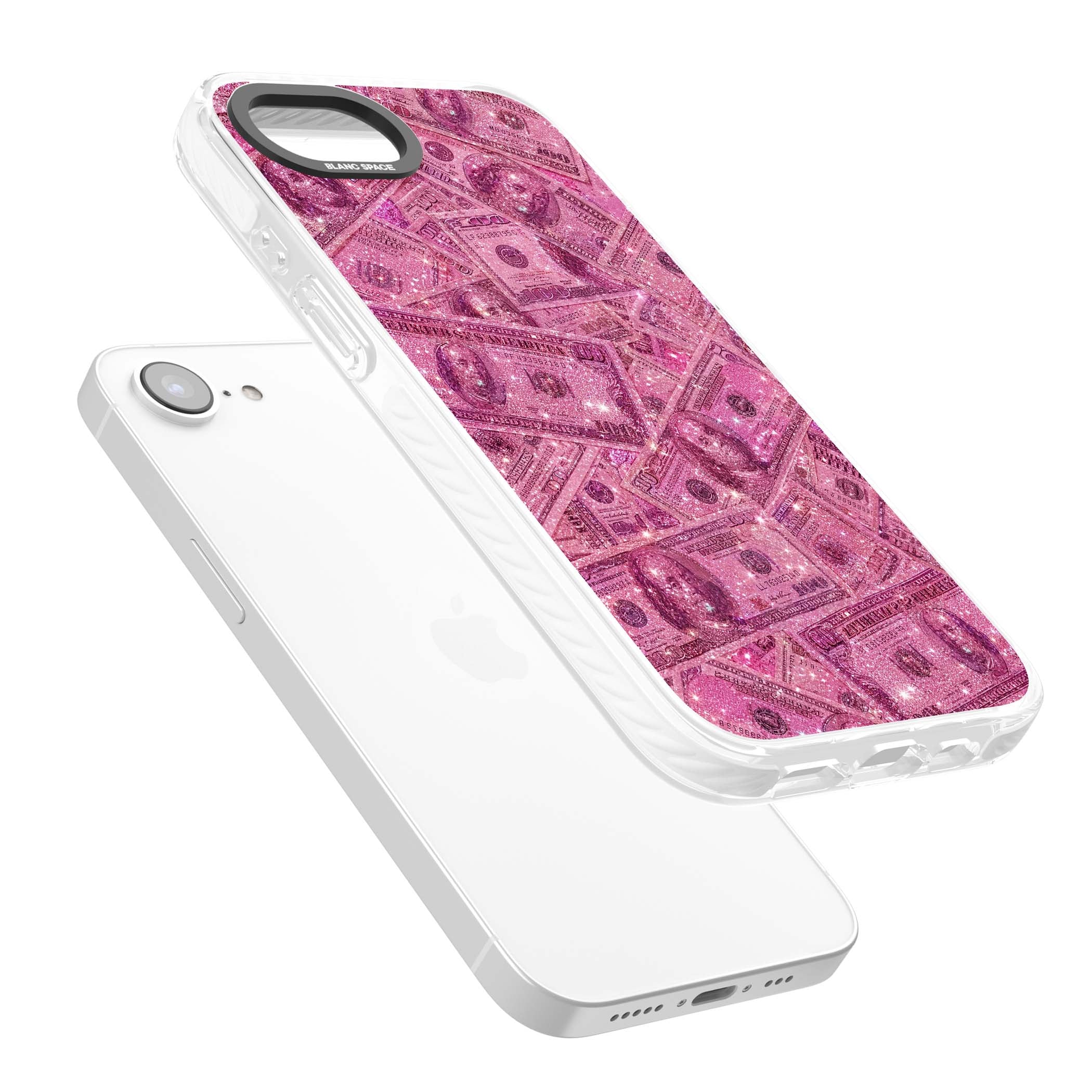 Glamorous baddie iPhone case featuring pink glitter hundred dollar bills and sparkling money wallpaper design | Impact Magsafe case for iPhone 16e, iPhone 17e