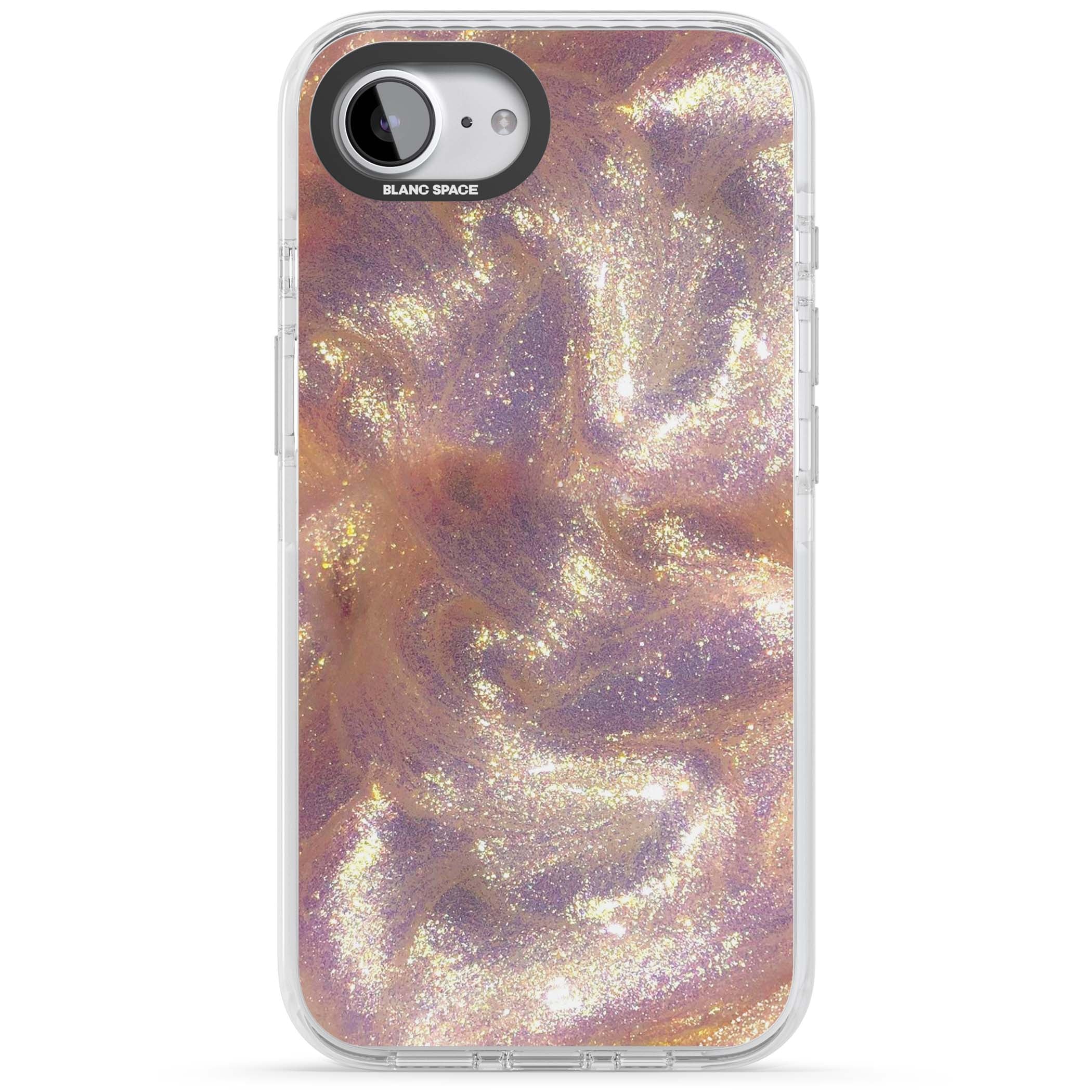 Shimmer marble iPhone case featuring rose gold glitter swirls, lilac shimmer and iridescent pearl finish | Impact Magsafe case for iPhone 16e, iPhone 17e
