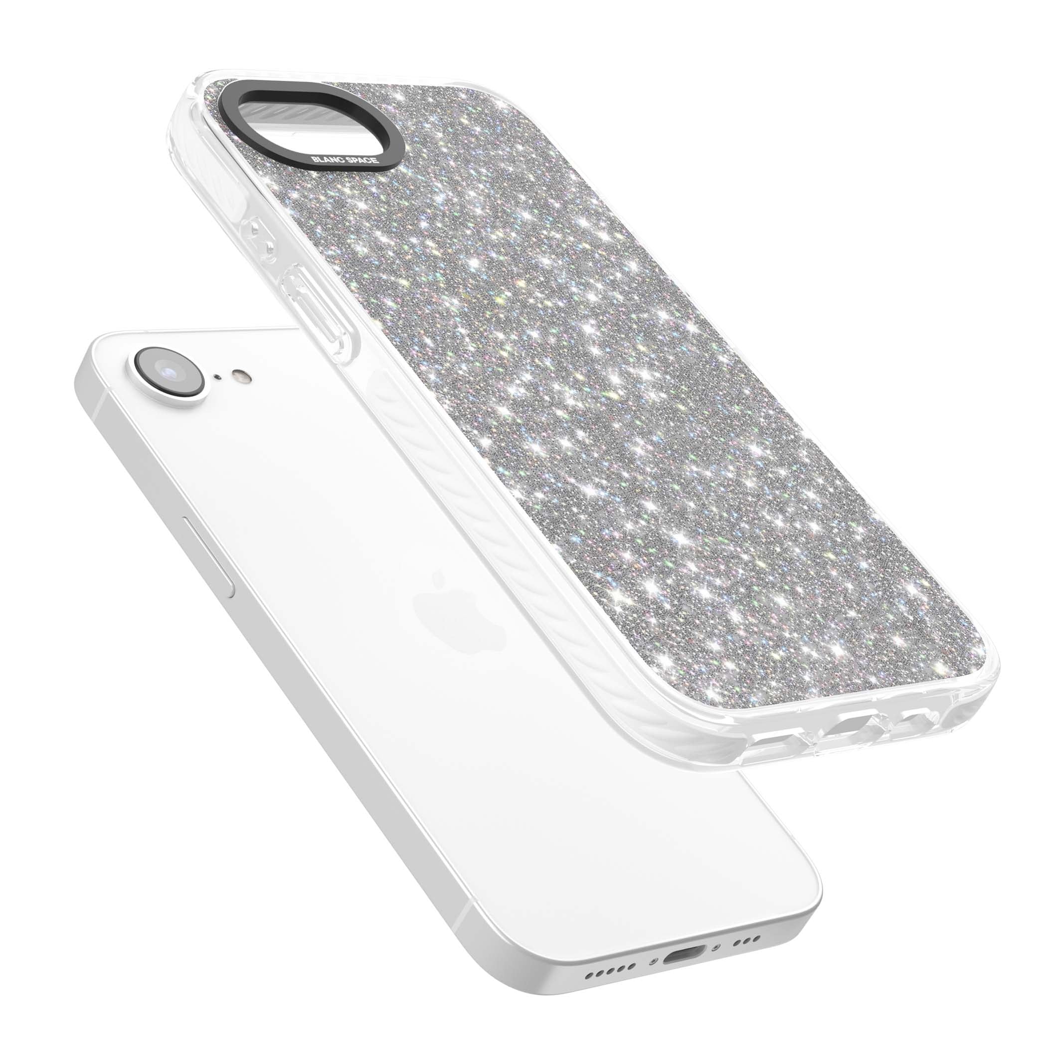 Diamond glam iPhone case featuring silver glitter sparkle and shimmering diamond dust effect | Impact Magsafe case for iPhone 16e, iPhone 17e