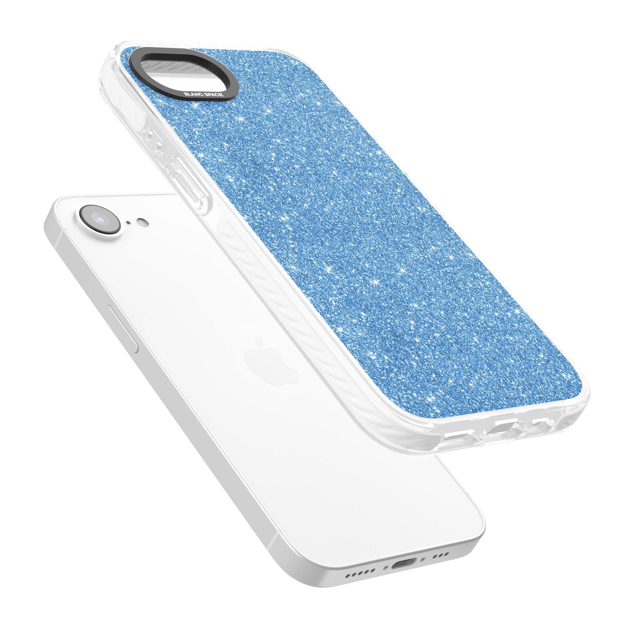 Blue Glitter blue glitter iPhone case featuring dense sparkling cerulean glitter with a glamorous shimmering finish | Impact Magsafe case for iPhone 16e, iPhone 17e