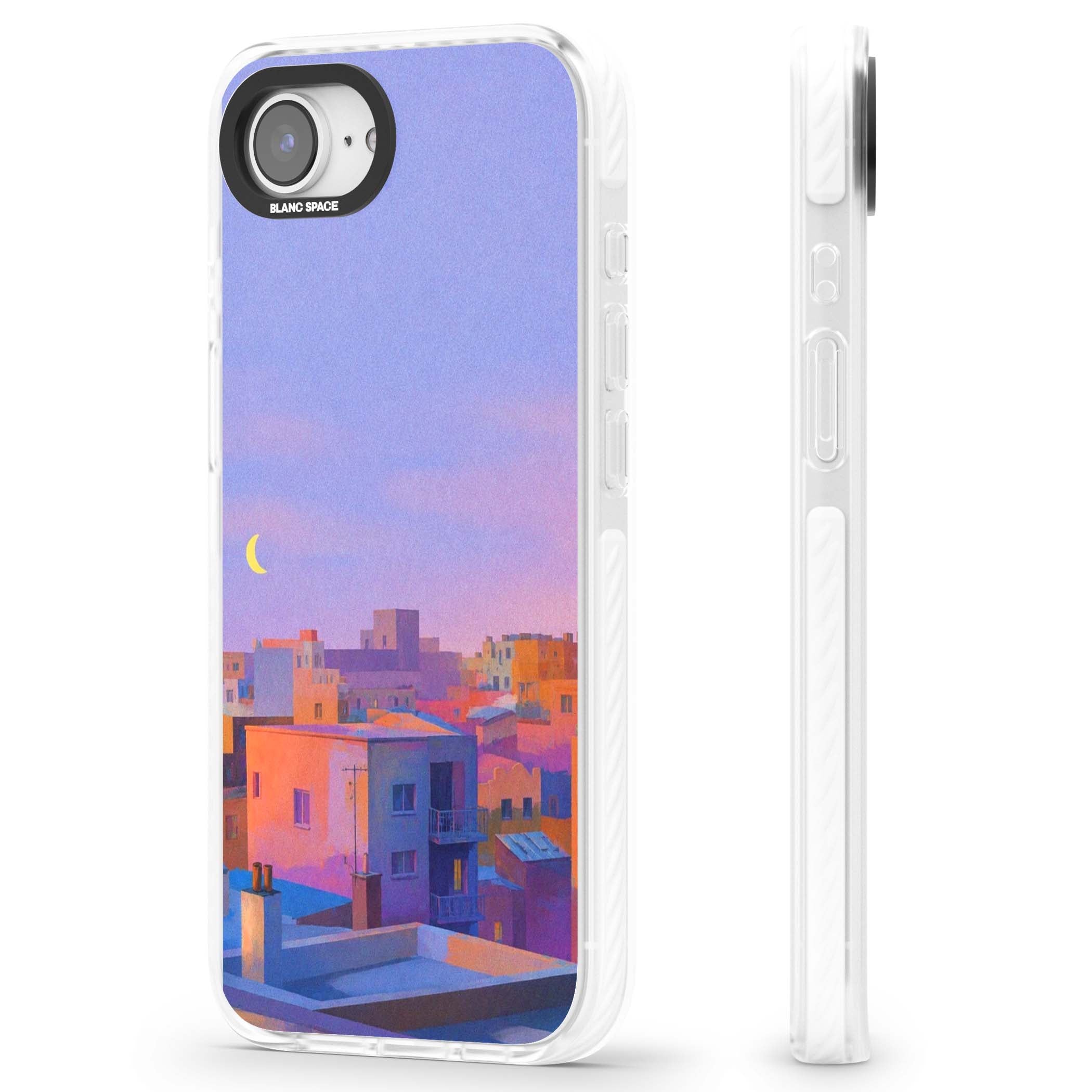 Twilight Rooftops vaporwave iPhone case featuring a pastel sunset cityscape, painted rooftops and a crescent moon. | Impact Magsafe case for iPhone 16e, iPhone 17e