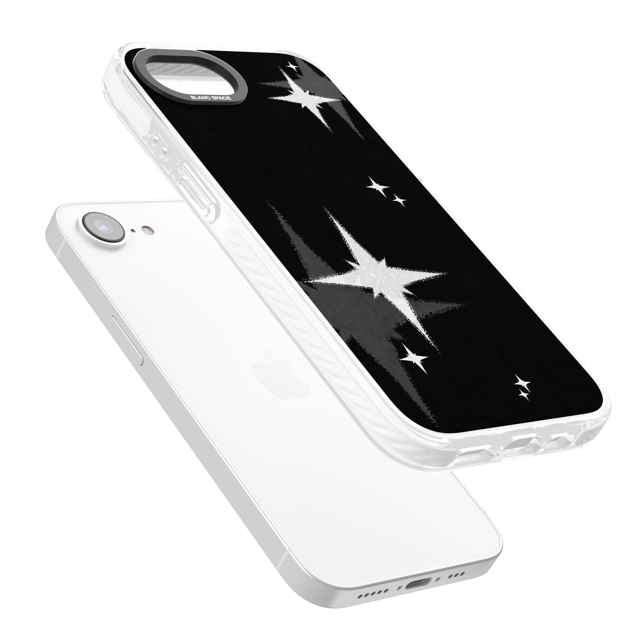Black Sparkle celestial iPhone case featuring white sparkle stars on a black night sky background | Impact Magsafe case for iPhone 16e, iPhone 17e