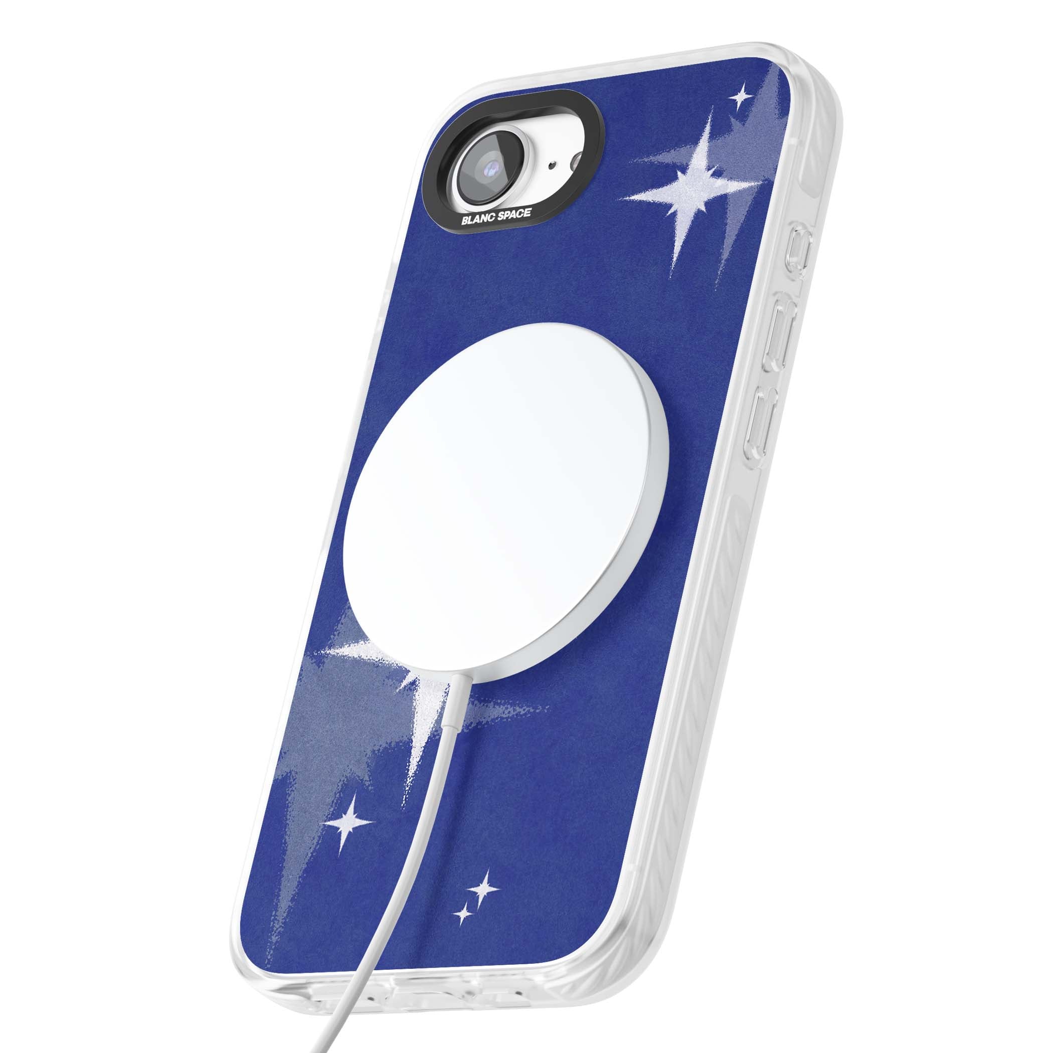 Blue Sparkle celestial iPhone case featuring sparkling silver stars on a deep blue painterly night sky | Impact Magsafe case for iPhone 16e, iPhone 17e