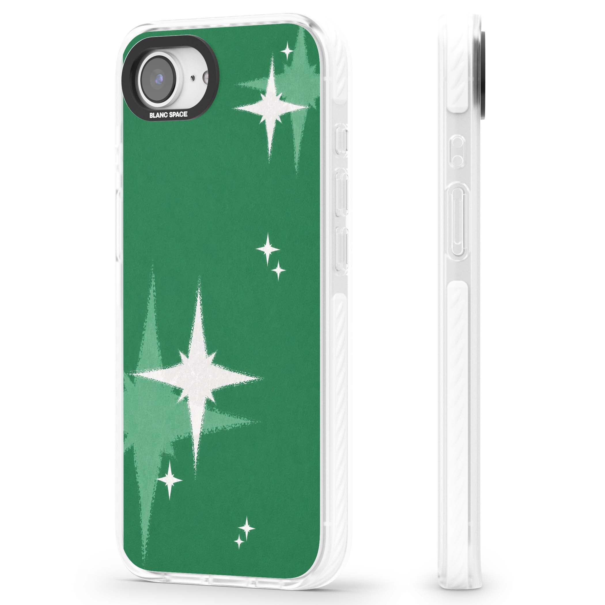 Green Sparkle celestial iPhone case featuring sparkling white four-point stars on a deep green background | Impact Magsafe case for iPhone 16e, iPhone 17e