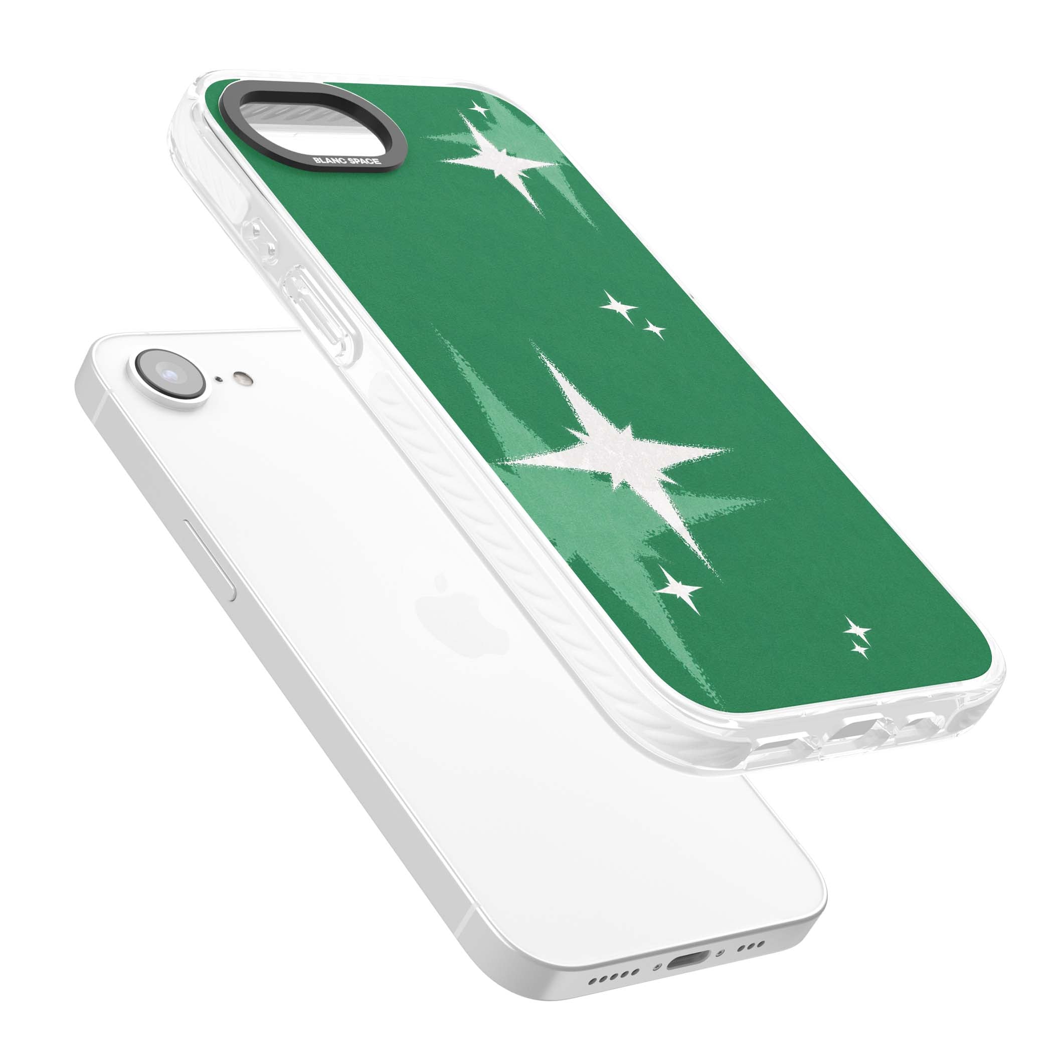 Green Sparkle celestial iPhone case featuring sparkling white four-point stars on a deep green background | Impact Magsafe case for iPhone 16e, iPhone 17e