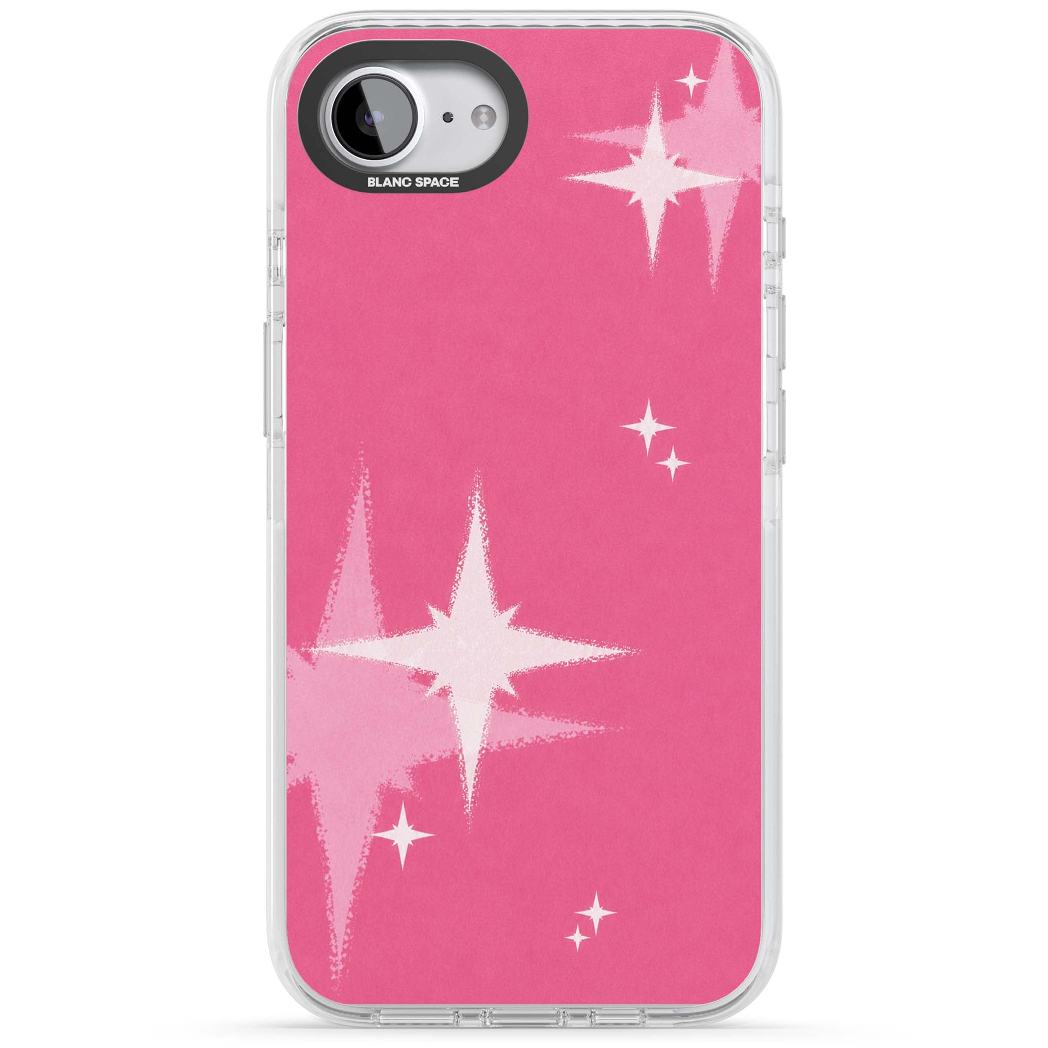 Pink Sparkle Y2K iPhone case featuring hot pink background with shimmering white starburst pattern | Impact Magsafe case for iPhone 16e, iPhone 17e