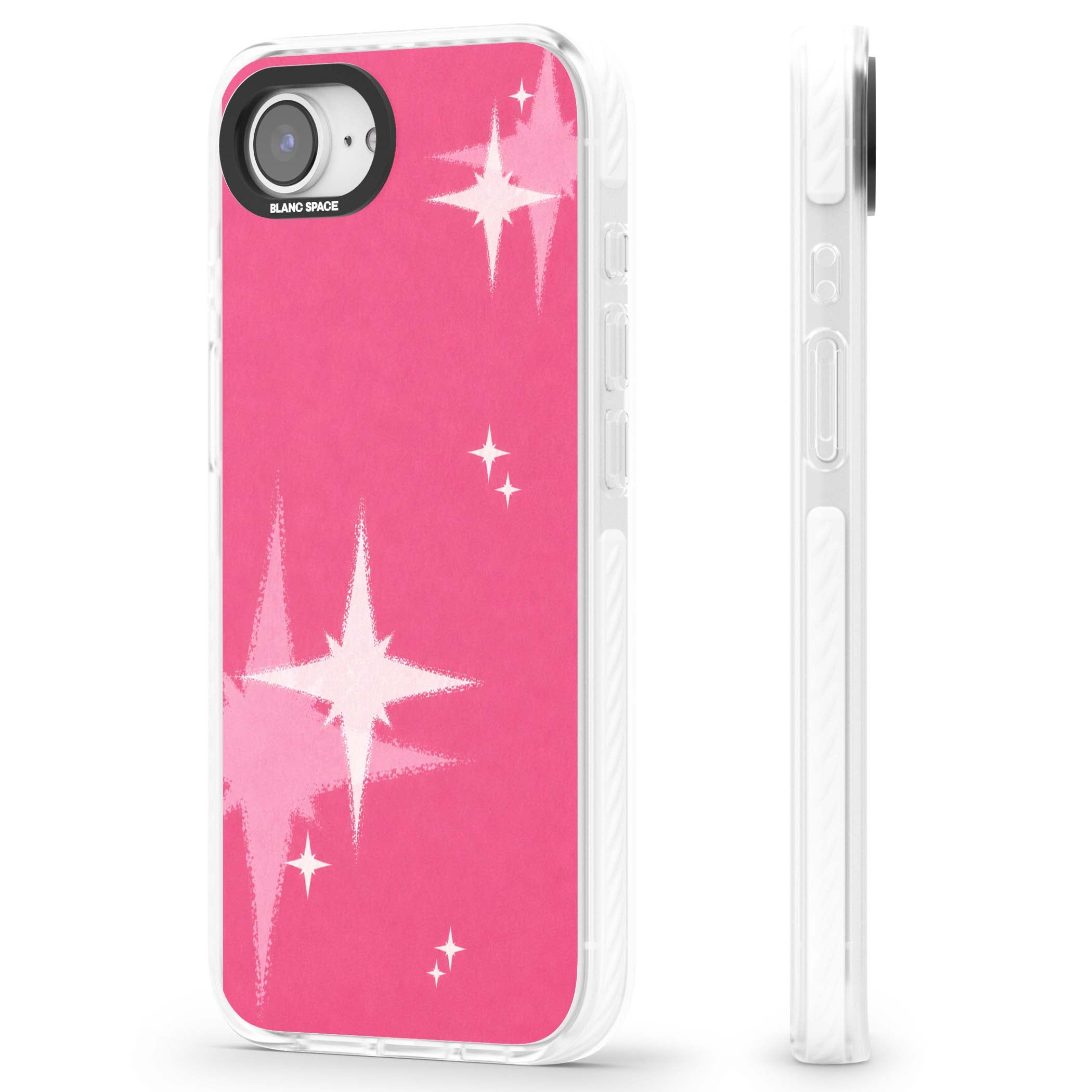 Pink Sparkle Y2K iPhone case featuring hot pink background with shimmering white starburst pattern | Impact Magsafe case for iPhone 16e, iPhone 17e