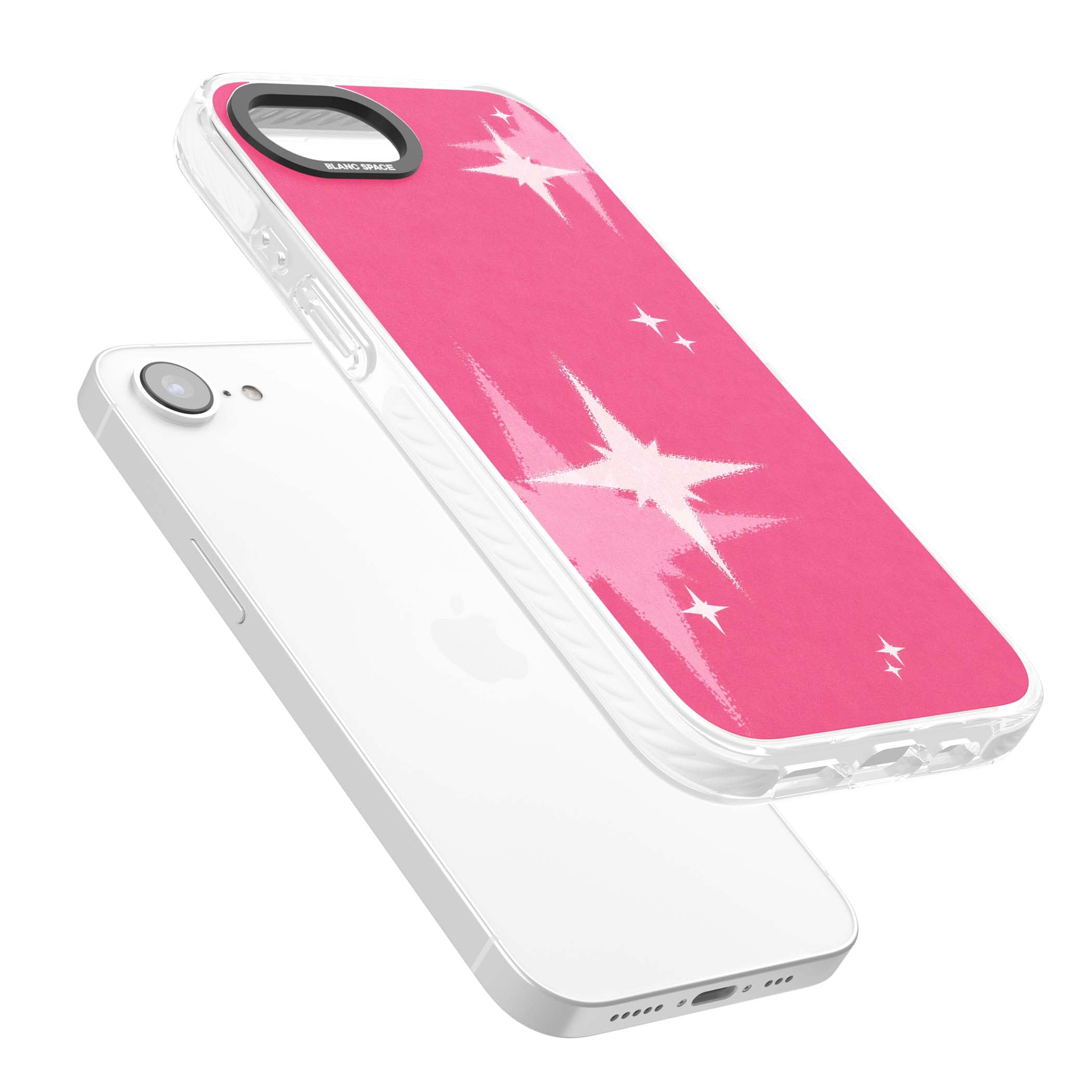 Pink Sparkle Y2K iPhone case featuring hot pink background with shimmering white starburst pattern | Impact Magsafe case for iPhone 16e, iPhone 17e
