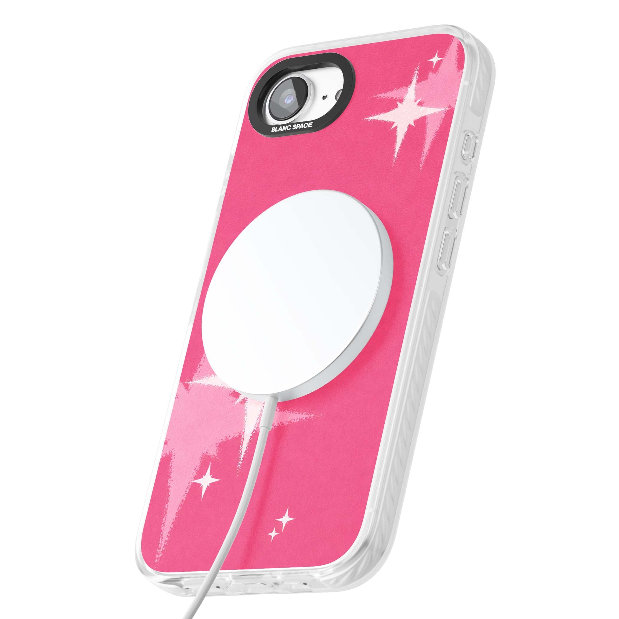 Pink Sparkle Y2K iPhone case featuring hot pink background with shimmering white starburst pattern | Impact Magsafe case for iPhone 16e, iPhone 17e