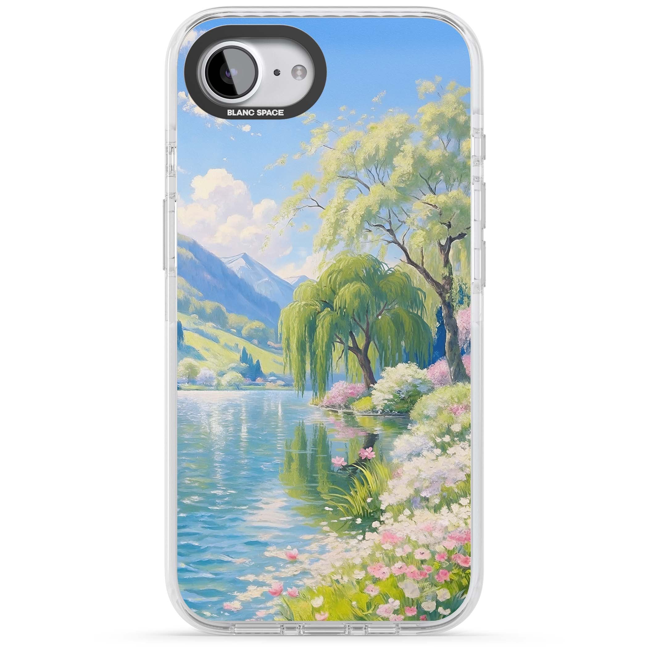 Willow Lake cottagecore iPhone case featuring a painted lakeside with weeping willow, blossoms and distant mountains | Impact Magsafe case for iPhone 16e, iPhone 17e
