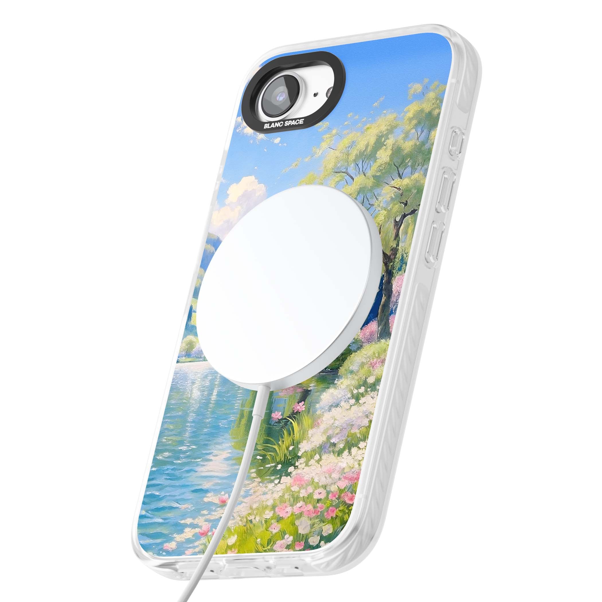 Willow Lake cottagecore iPhone case featuring a painted lakeside with weeping willow, blossoms and distant mountains | Impact Magsafe case for iPhone 16e, iPhone 17e