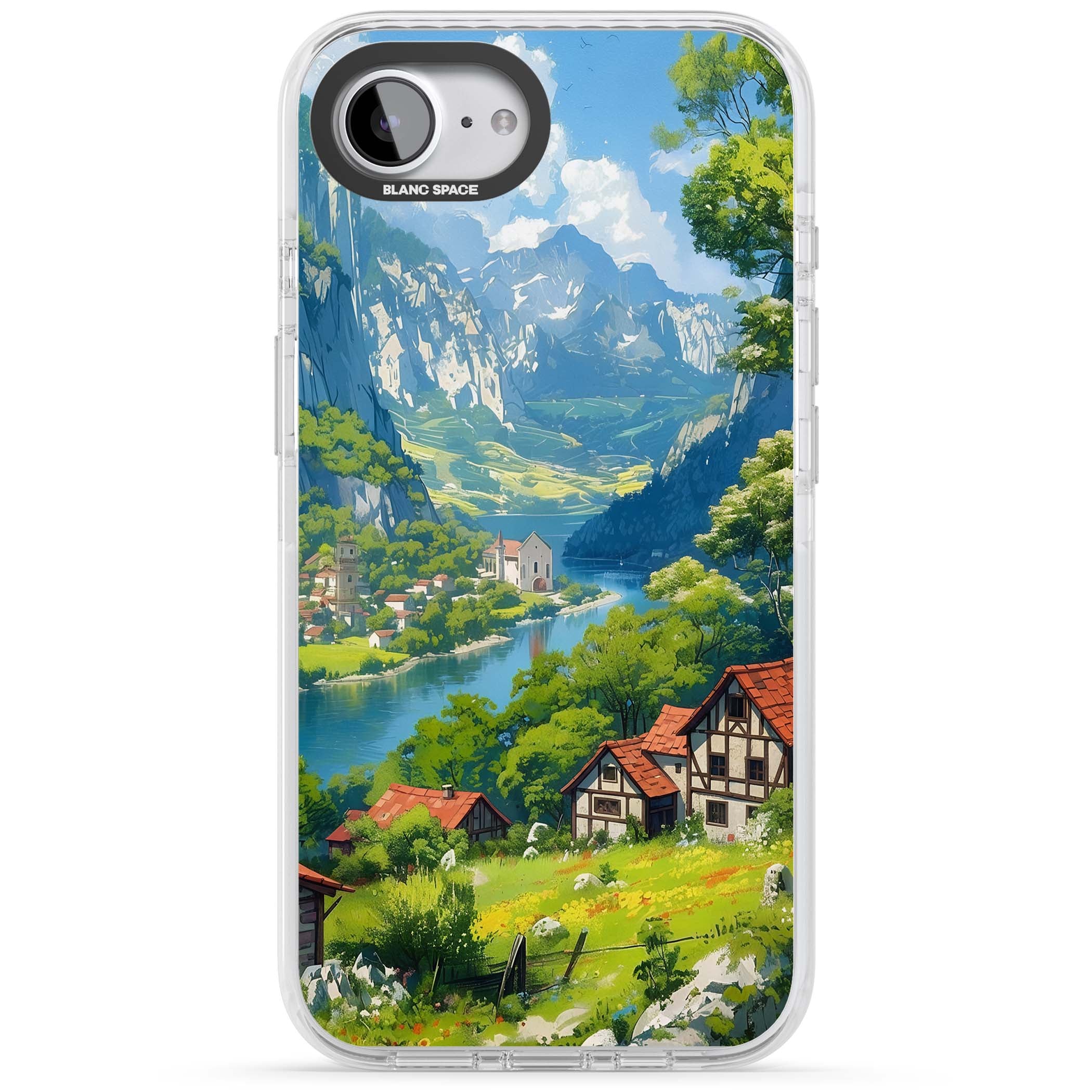 Village In The Valley anime iPhone case featuring a painted mountain village, river valley and half-timbered cottages. | Impact Magsafe case for iPhone 16e, iPhone 17e