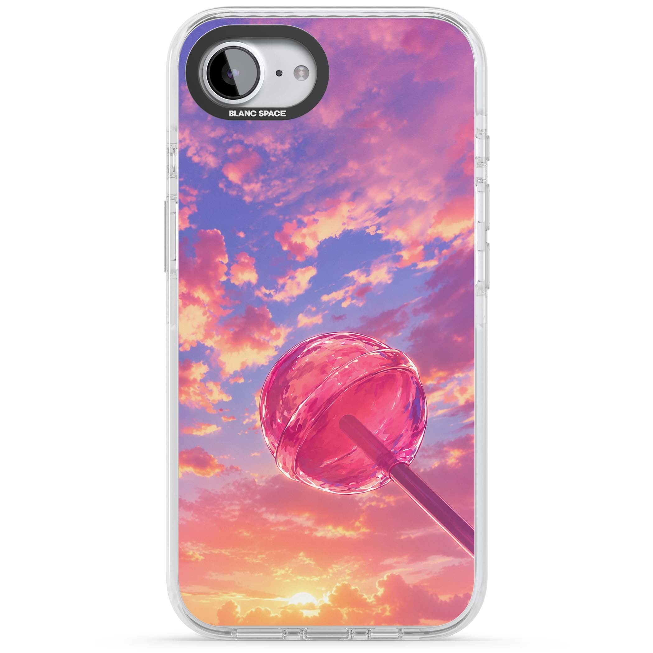 Sugar Sunset candy aesthetic iPhone case featuring a pink lollipop, pastel sunset sky and dreamy clouds | Impact Magsafe case for iPhone 16e, iPhone 17e