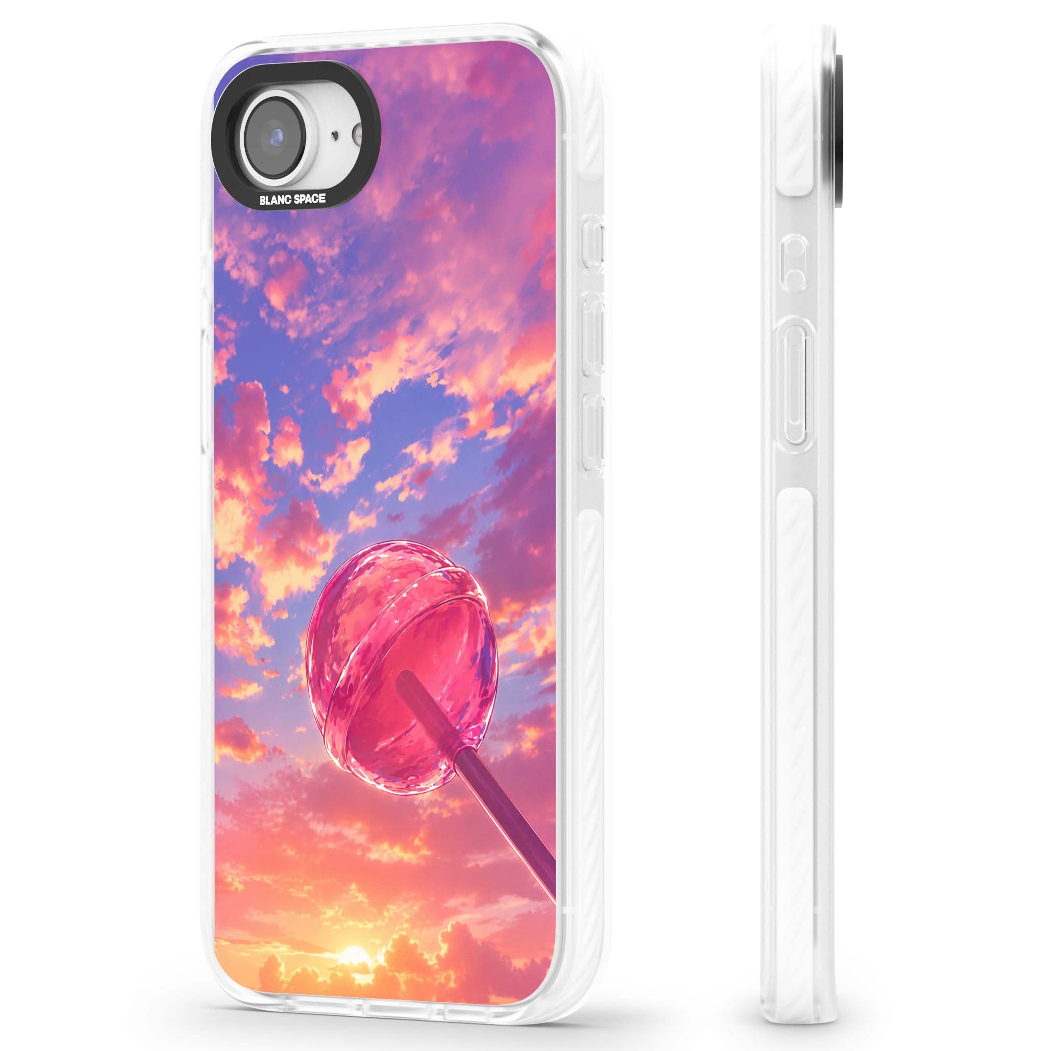Sugar Sunset candy aesthetic iPhone case featuring a pink lollipop, pastel sunset sky and dreamy clouds | Impact Magsafe case for iPhone 16e, iPhone 17e