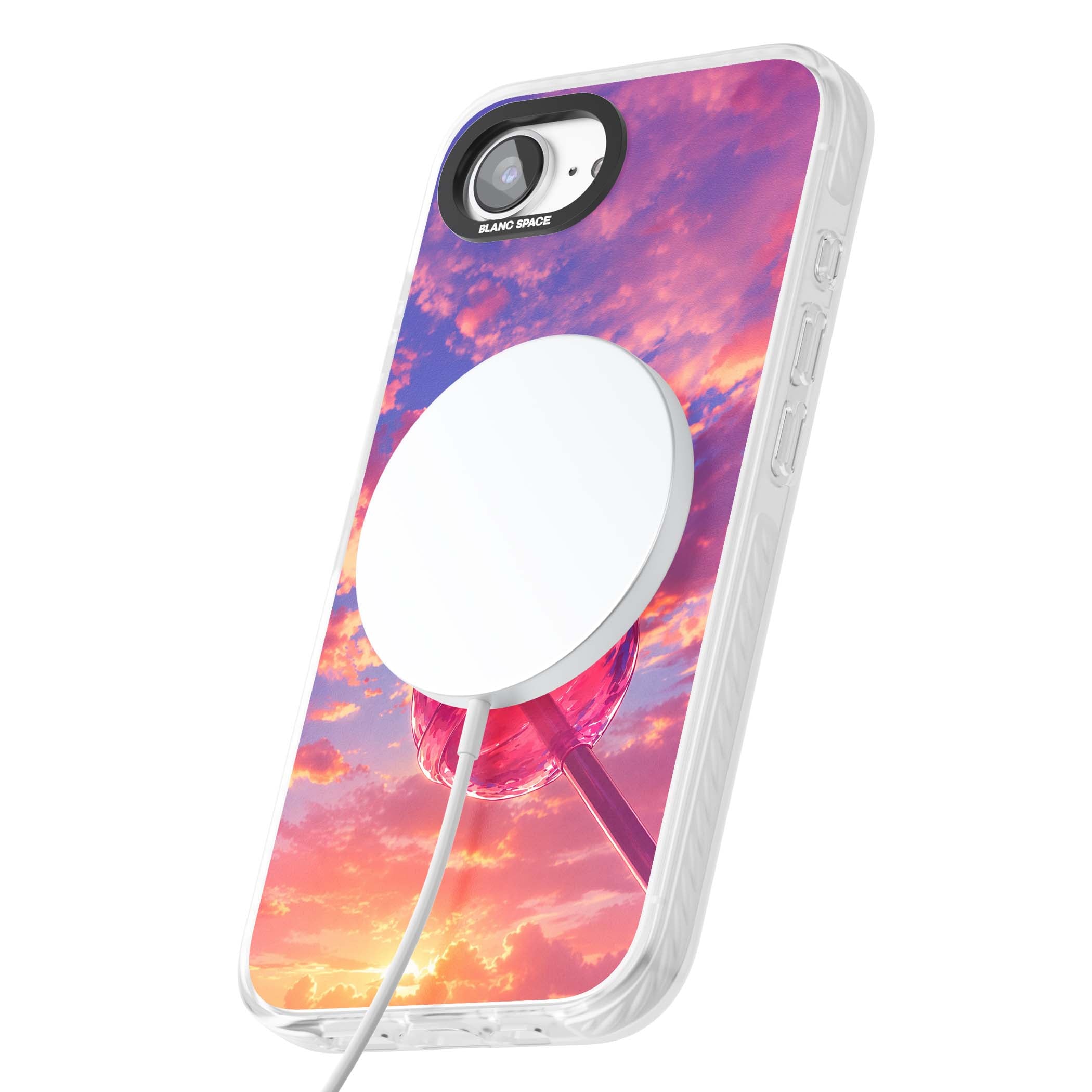 Sugar Sunset candy aesthetic iPhone case featuring a pink lollipop, pastel sunset sky and dreamy clouds | Impact Magsafe case for iPhone 16e, iPhone 17e
