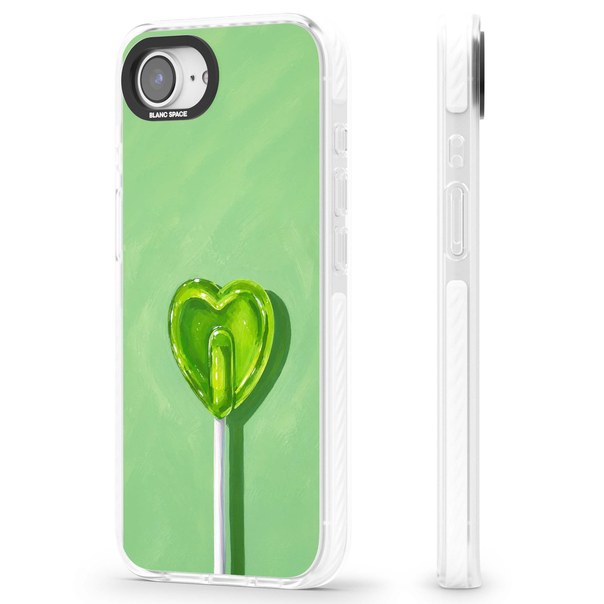 Green Lollipop candy art iPhone case featuring a glossy green heart-shaped lollipop on a painted pastel green background | Impact Magsafe case for iPhone 16e, iPhone 17e