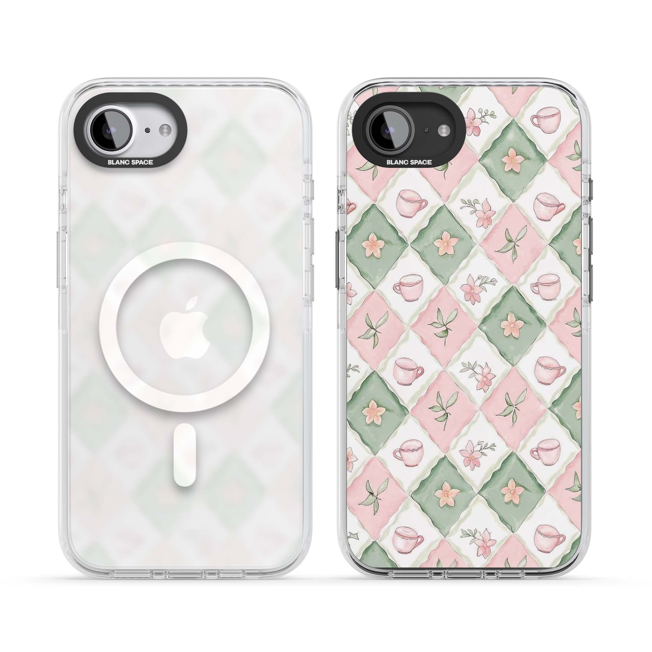 Garden Tea Party coquette iPhone case with pink and green checkered pattern, watercolour teacups and wildflowers | Impact Magsafe case for iPhone 16e, iPhone 17e