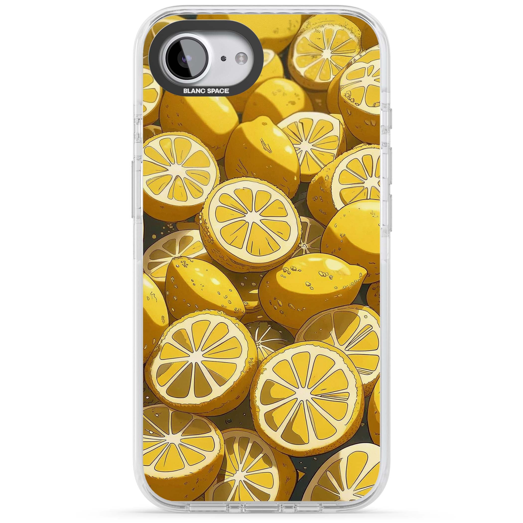 Zesty coastal iPhone case featuring illustrated Mediterranean lemons and citrus slices in golden yellow | Impact Magsafe case for iPhone 16e, iPhone 17e