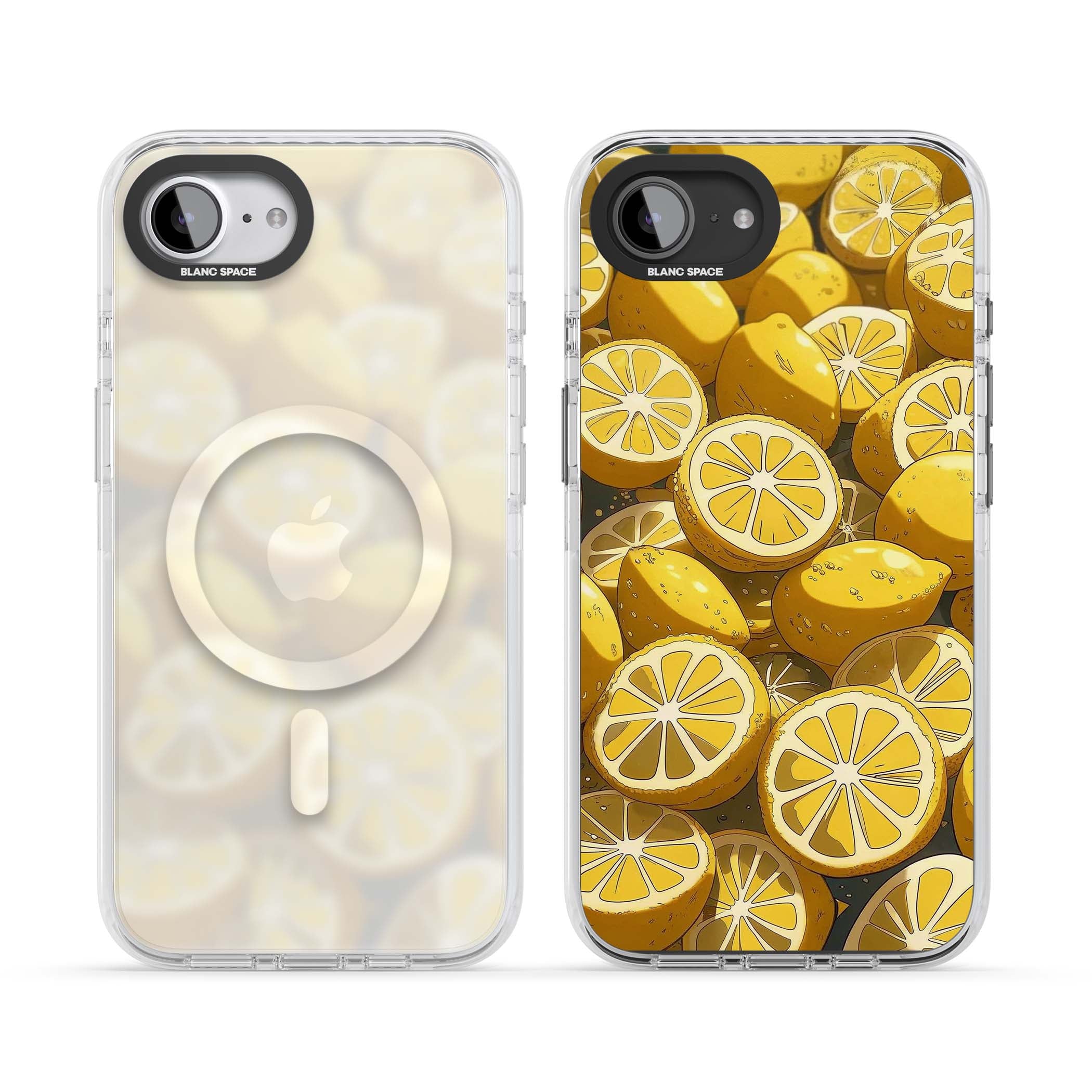 Zesty coastal iPhone case featuring illustrated Mediterranean lemons and citrus slices in golden yellow | Impact Magsafe case for iPhone 16e, iPhone 17e