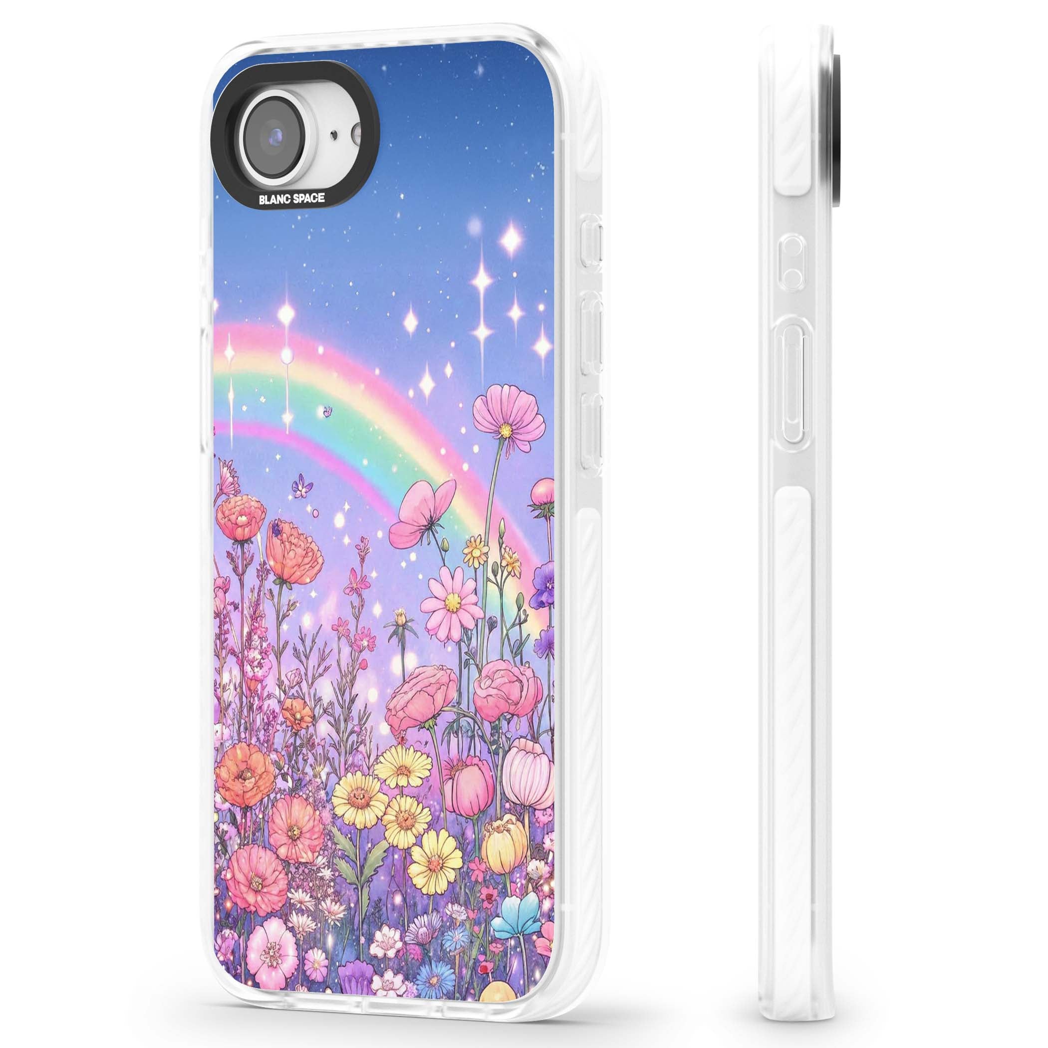 Magical Meadow fairycore iPhone case featuring a pastel rainbow, sparkling stars and a wildflower meadow | Clear Impact case for iPhone 16e, iPhone 17e