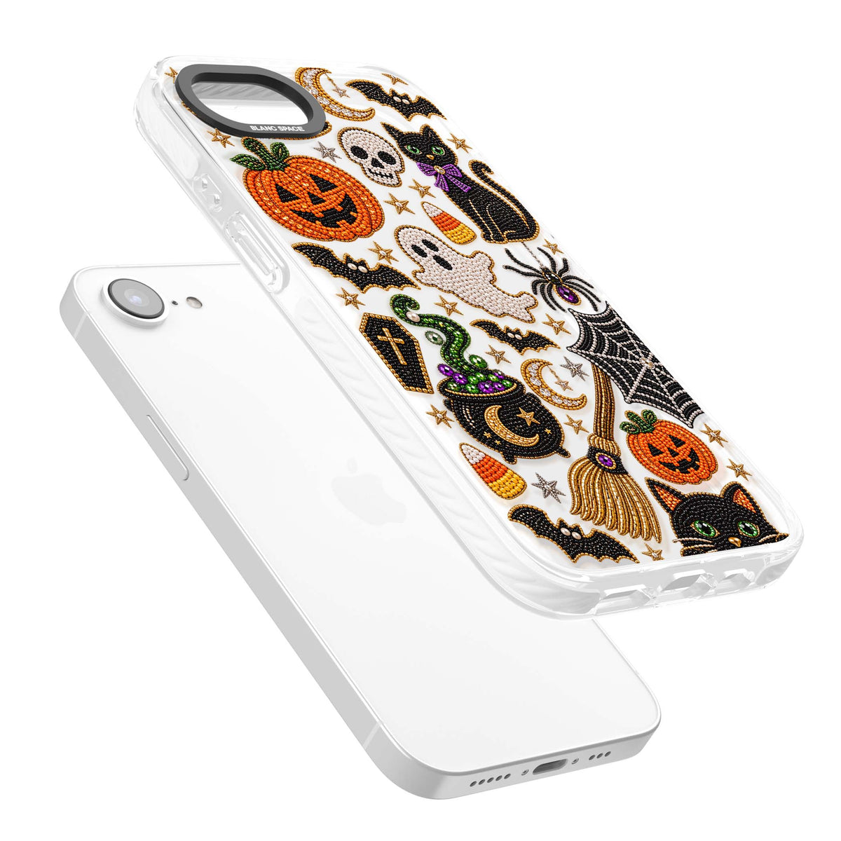 Beaded Halloween Halloween iPhone case featuring beaded pumpkins, ghosts, black cats and bats | Clear Impact case for iPhone 16e, iPhone 17e