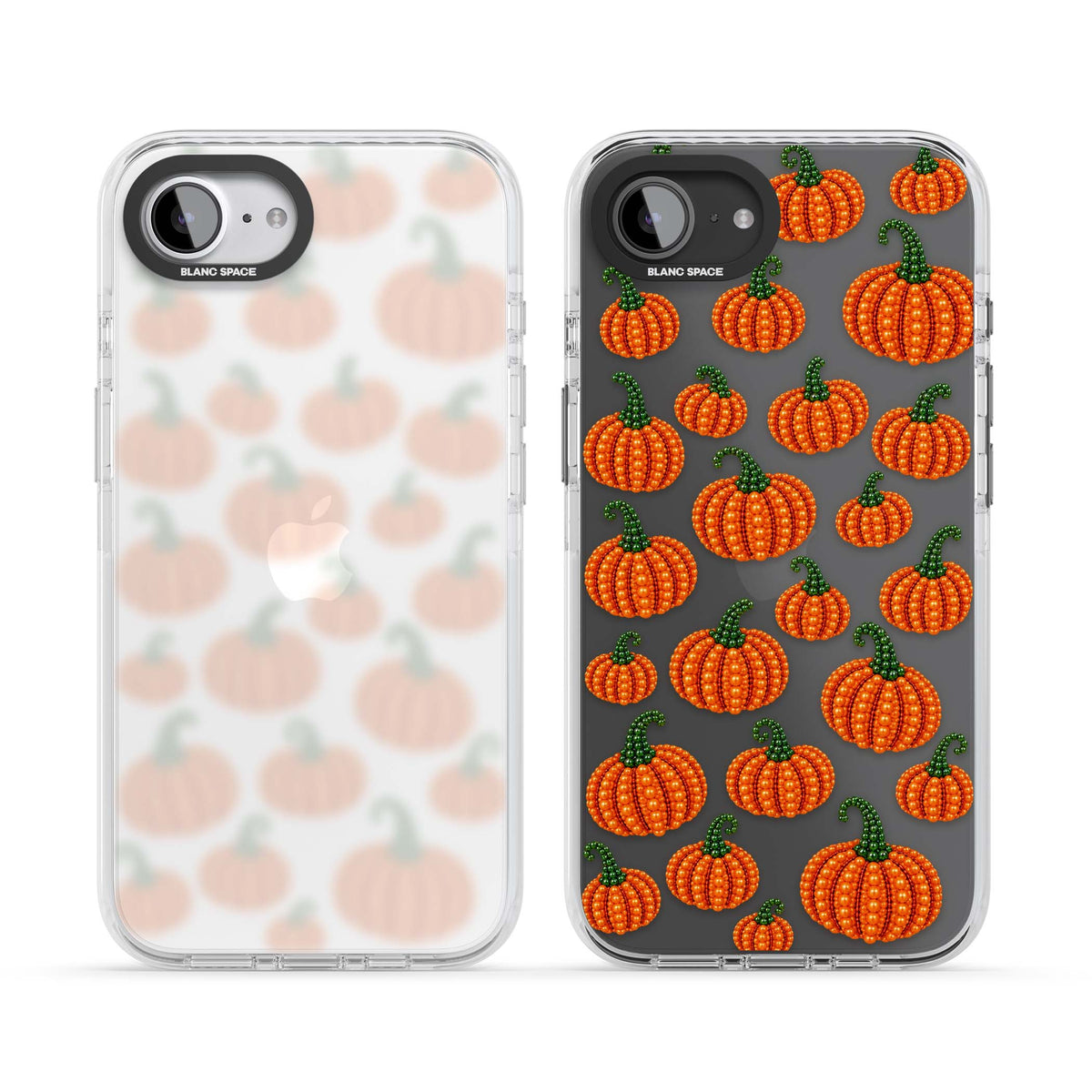 Beaded Pumpkins halloween iPhone case featuring beaded orange pumpkins with green stems on a clear background | Clear Impact case for iPhone 16e, iPhone 17e
