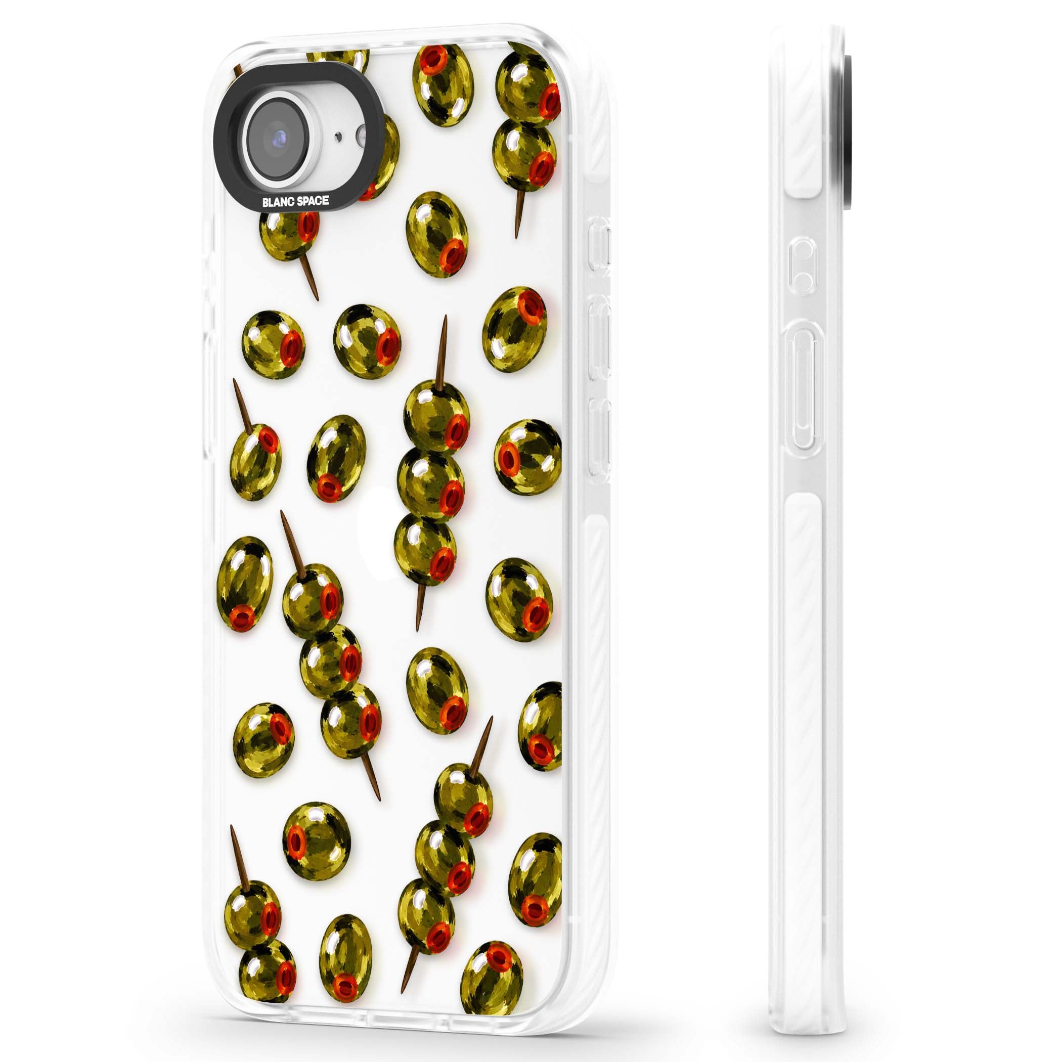 Painted Olives cocktail iPhone case featuring green olives, pimento centres and toothpick skewers on a clear background | Clear Impact case for iPhone 16e, iPhone 17e
