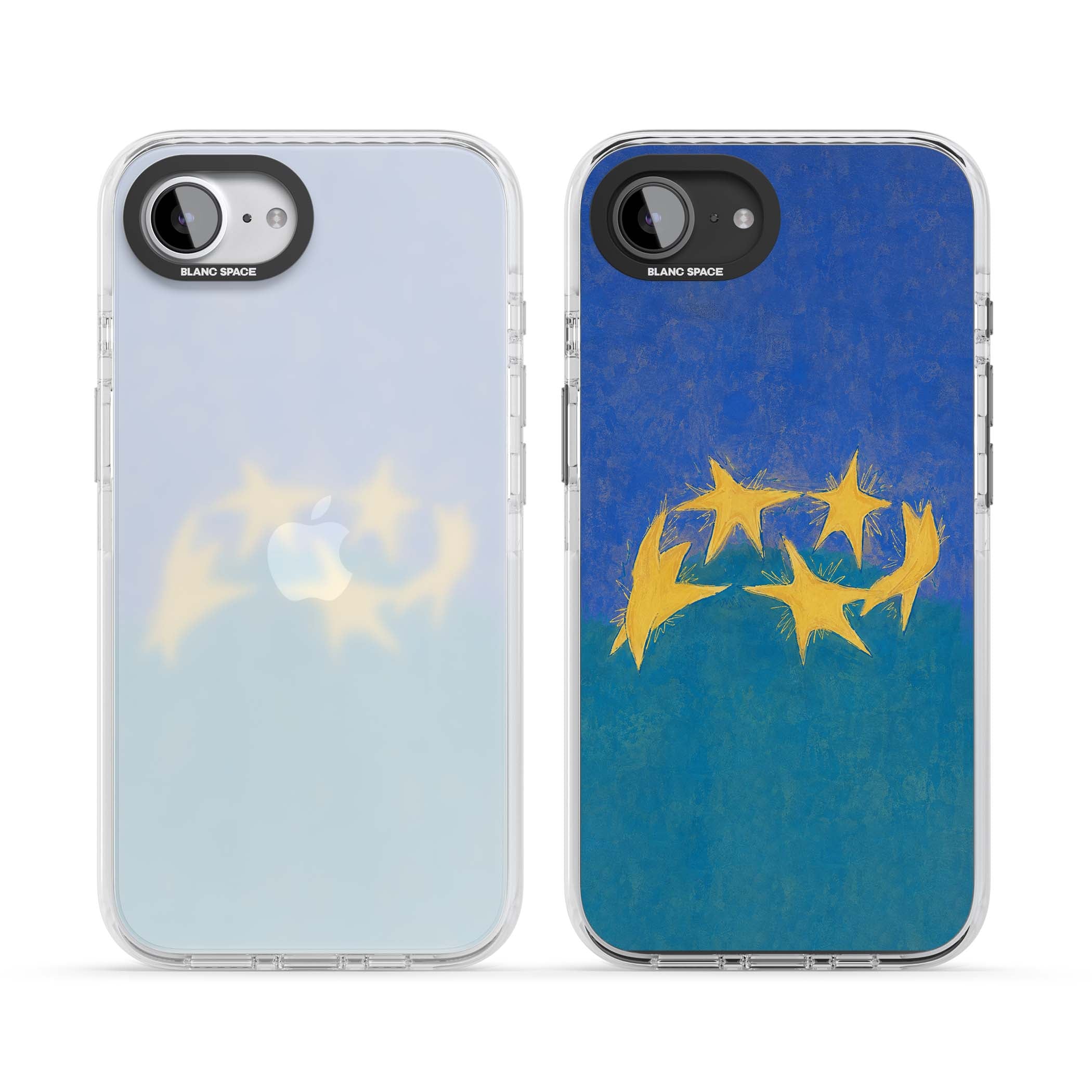 Star Boogie stars aesthetic iPhone case featuring five yellow hand-painted stars on cobalt blue and teal | Clear Impact case for iPhone 16e, iPhone 17e