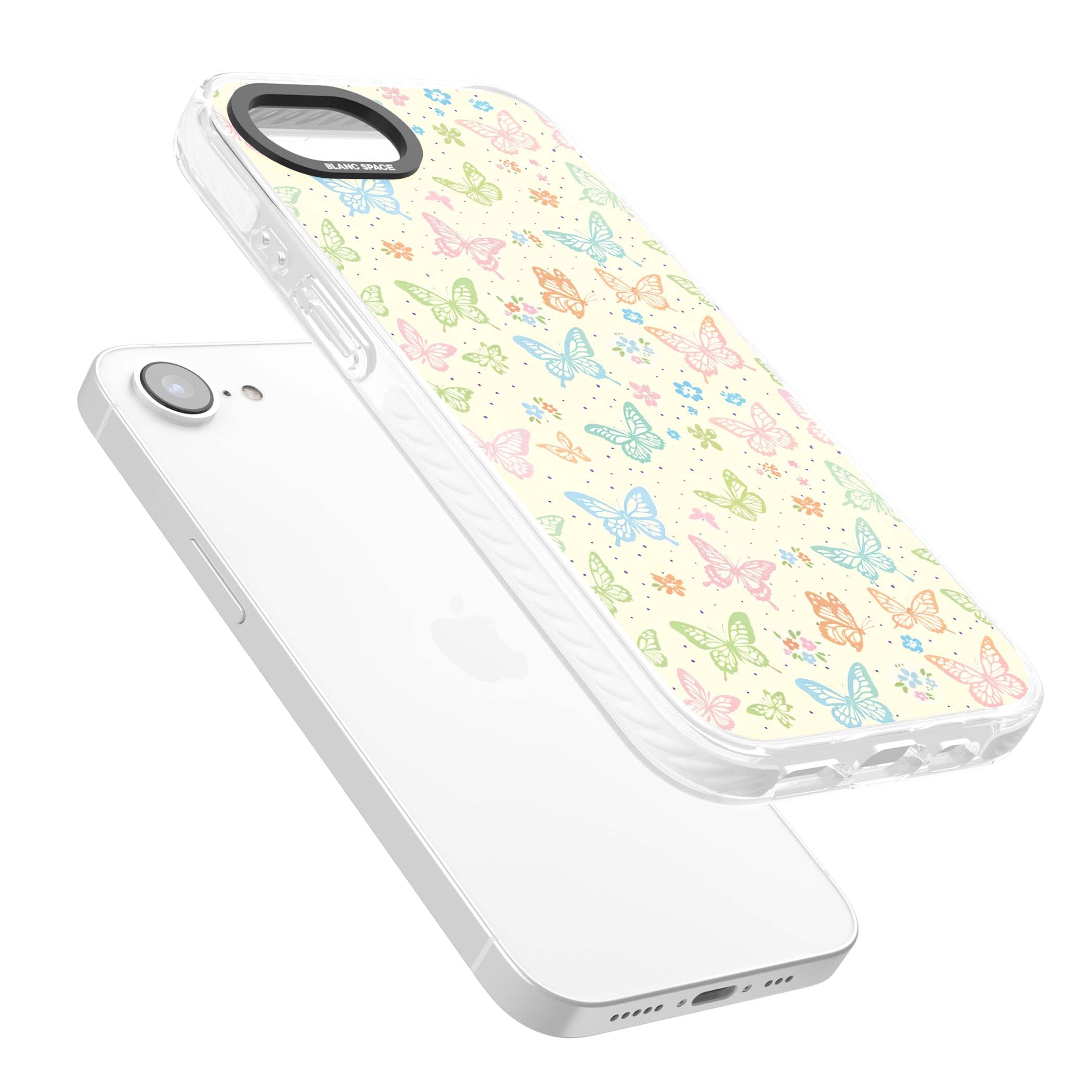 Sugar Wings cottagecore iPhone case featuring rainbow pastel butterflies, tiny wildflowers, and a cream background | Clear Impact case for iPhone 16e, iPhone 17e