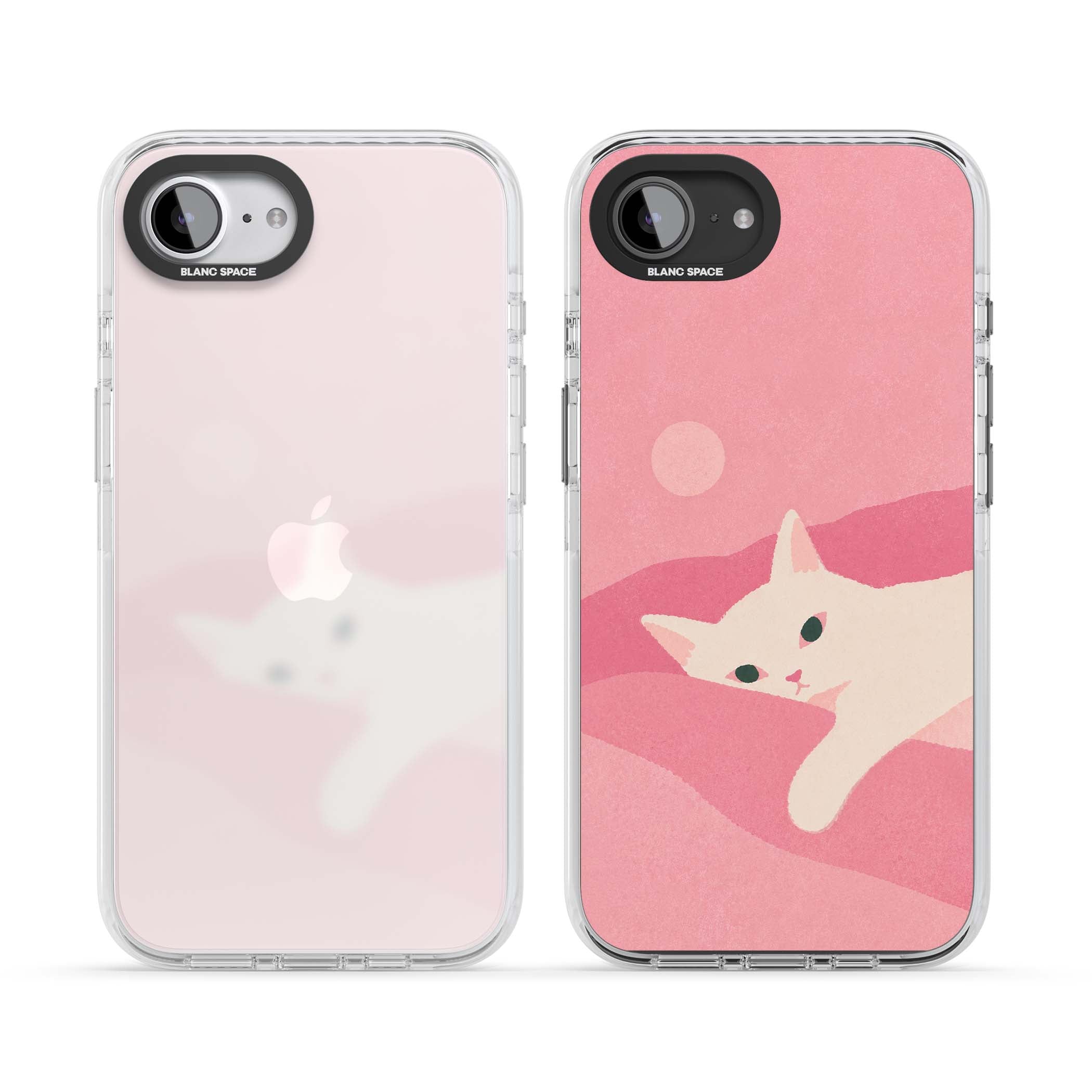 Pink Dreams cute cat iPhone case featuring a white kitten, soft pink hills and a pale pastel sun | Clear Impact case for iPhone 16e, iPhone 17e