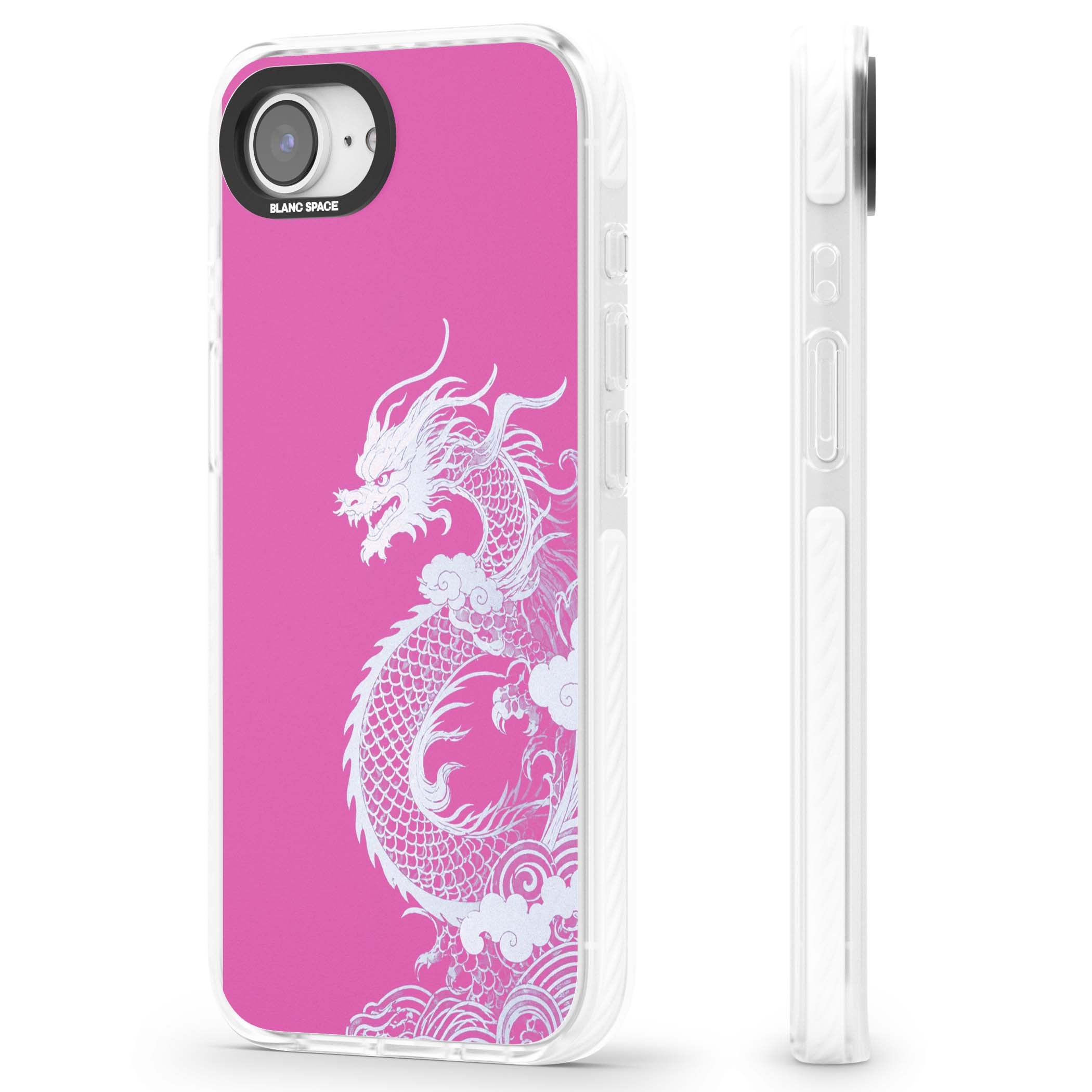 Pink Empress chinese dragon iPhone case featuring a white dragon, swirling clouds and pink dragon wallpaper backdrop | Clear Impact case for iPhone 16e, iPhone 17e