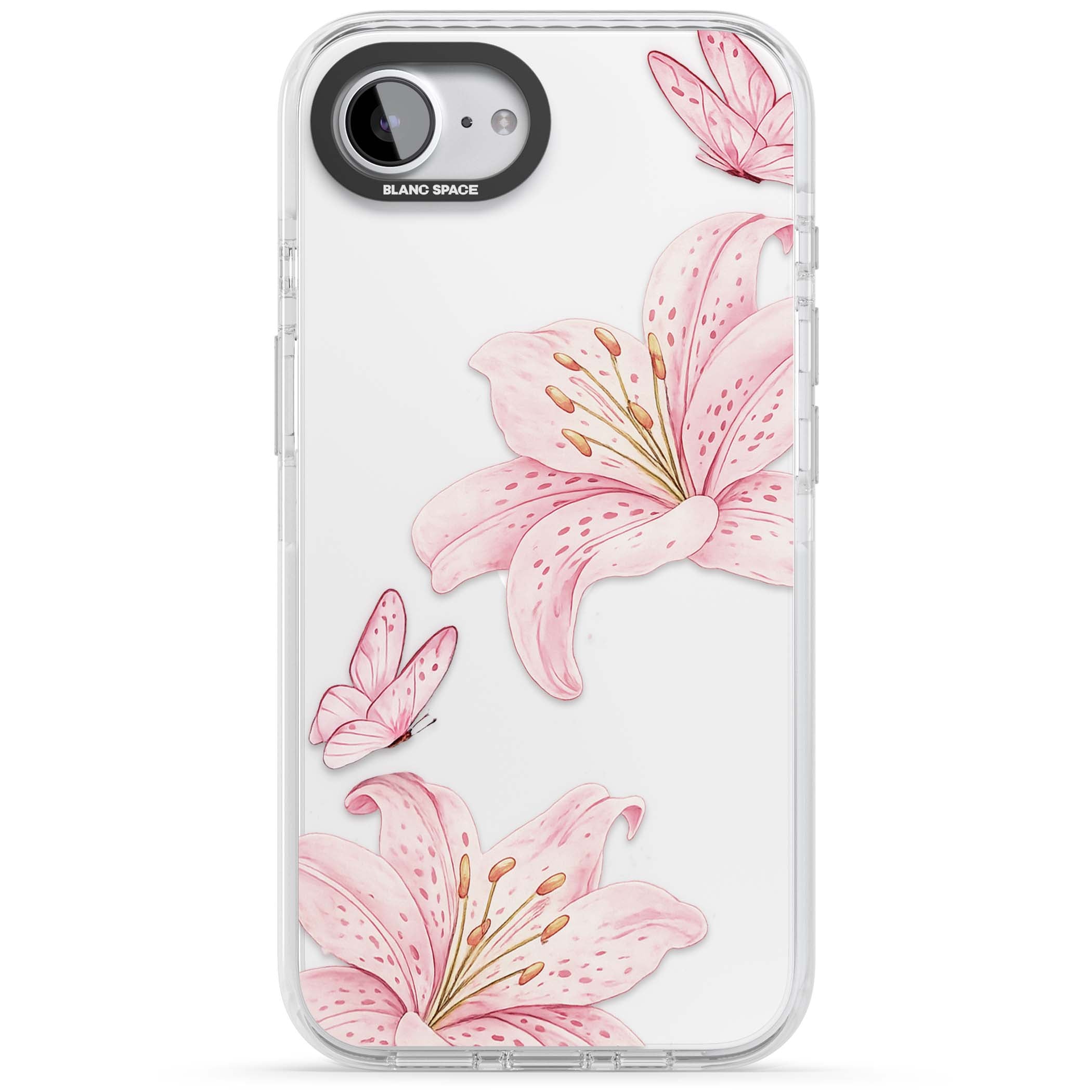 Lily Whisper floral iPhone case featuring pink watercolour lilies and delicate butterflies on a clear background | Clear Impact case for iPhone 16e, iPhone 17e