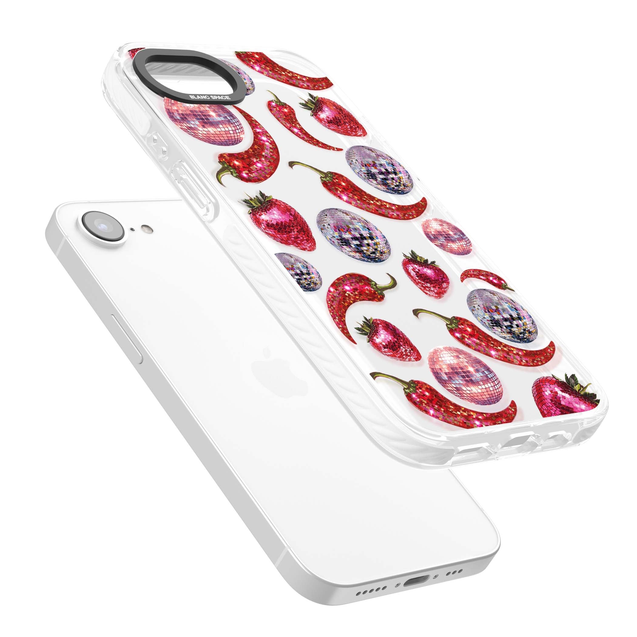 Spicy Disco Y2K iPhone case featuring glitter disco balls, sparkly strawberries and red chilli peppers | Clear Impact case for iPhone 16e, iPhone 17e