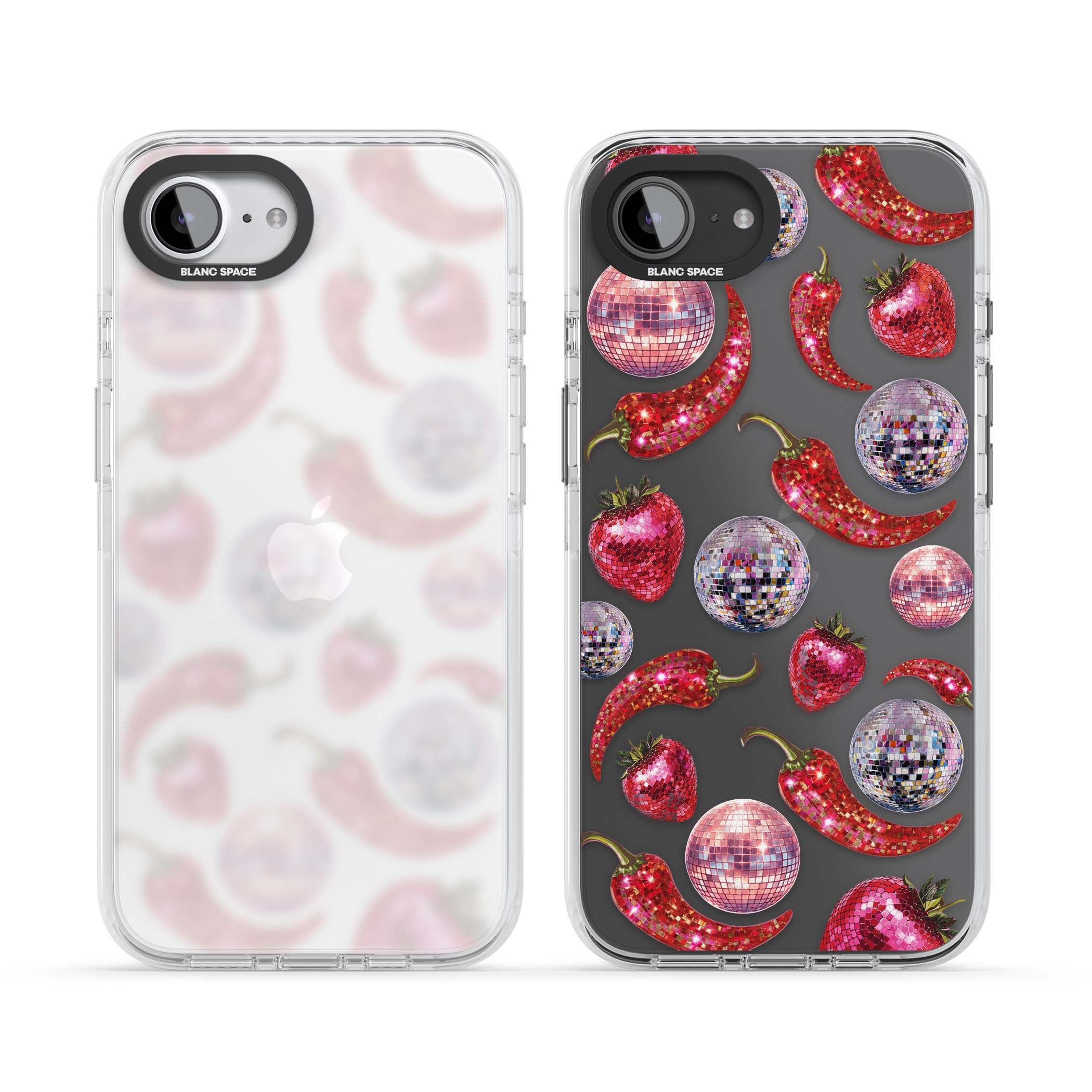 Spicy Disco Y2K iPhone case featuring glitter disco balls, sparkly strawberries and red chilli peppers | Clear Impact case for iPhone 16e, iPhone 17e