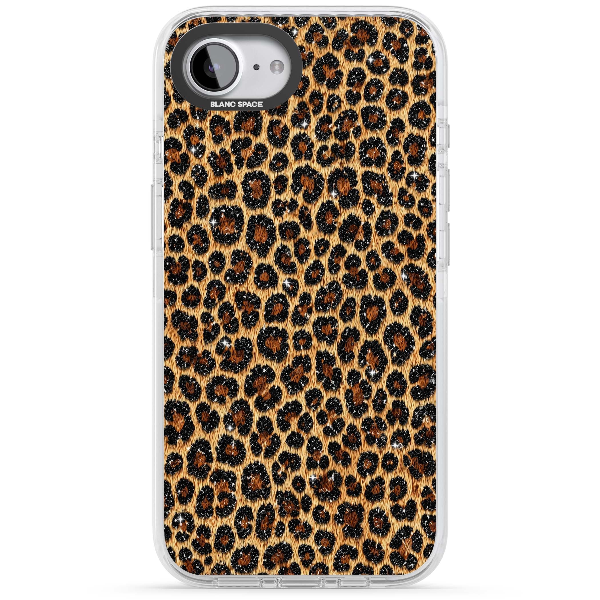 Diamond Leopard leopard print iPhone case featuring golden tan fur, black rosette spots and subtle glitter sparkle | Clear Impact case for iPhone 16e, iPhone 17e