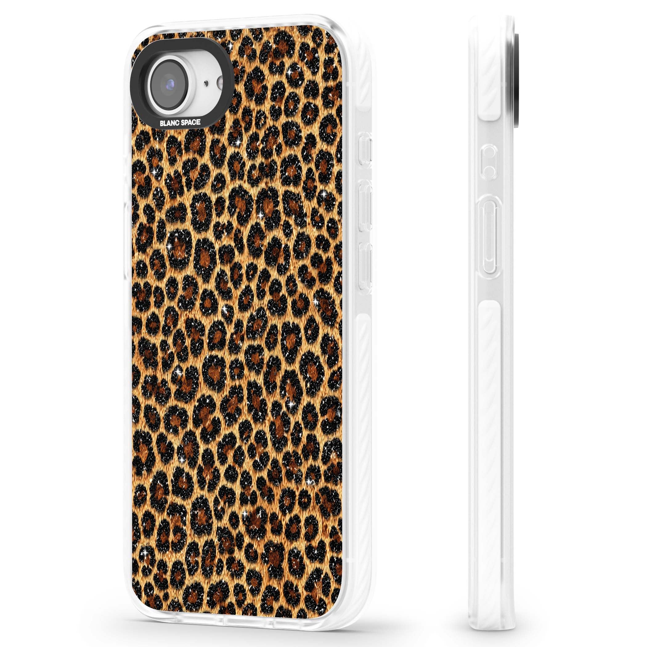 Diamond Leopard leopard print iPhone case featuring golden tan fur, black rosette spots and subtle glitter sparkle | Clear Impact case for iPhone 16e, iPhone 17e