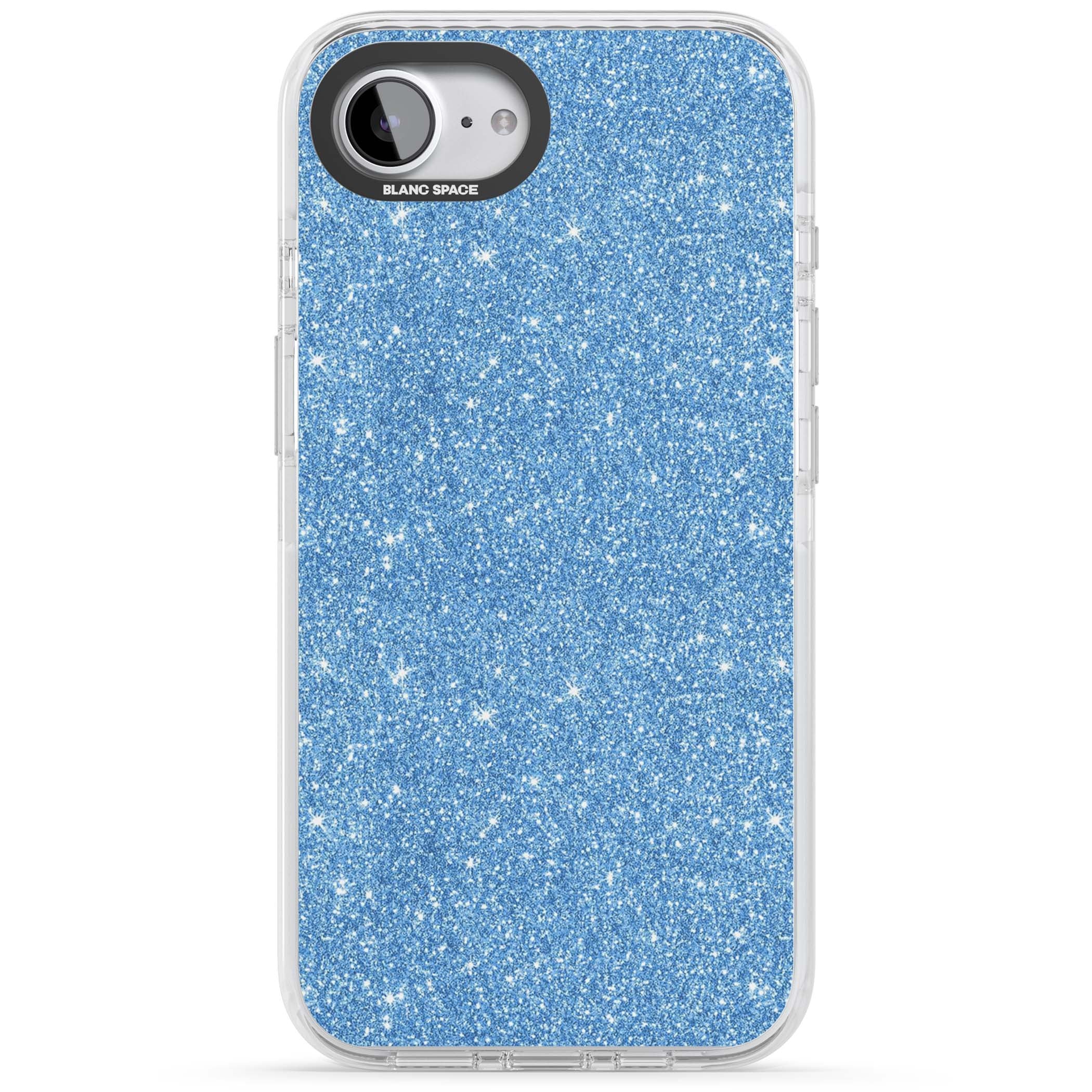 Blue Glitter blue glitter iPhone case featuring dense sparkling cerulean glitter with a glamorous shimmering finish | Clear Impact case for iPhone 16e, iPhone 17e
