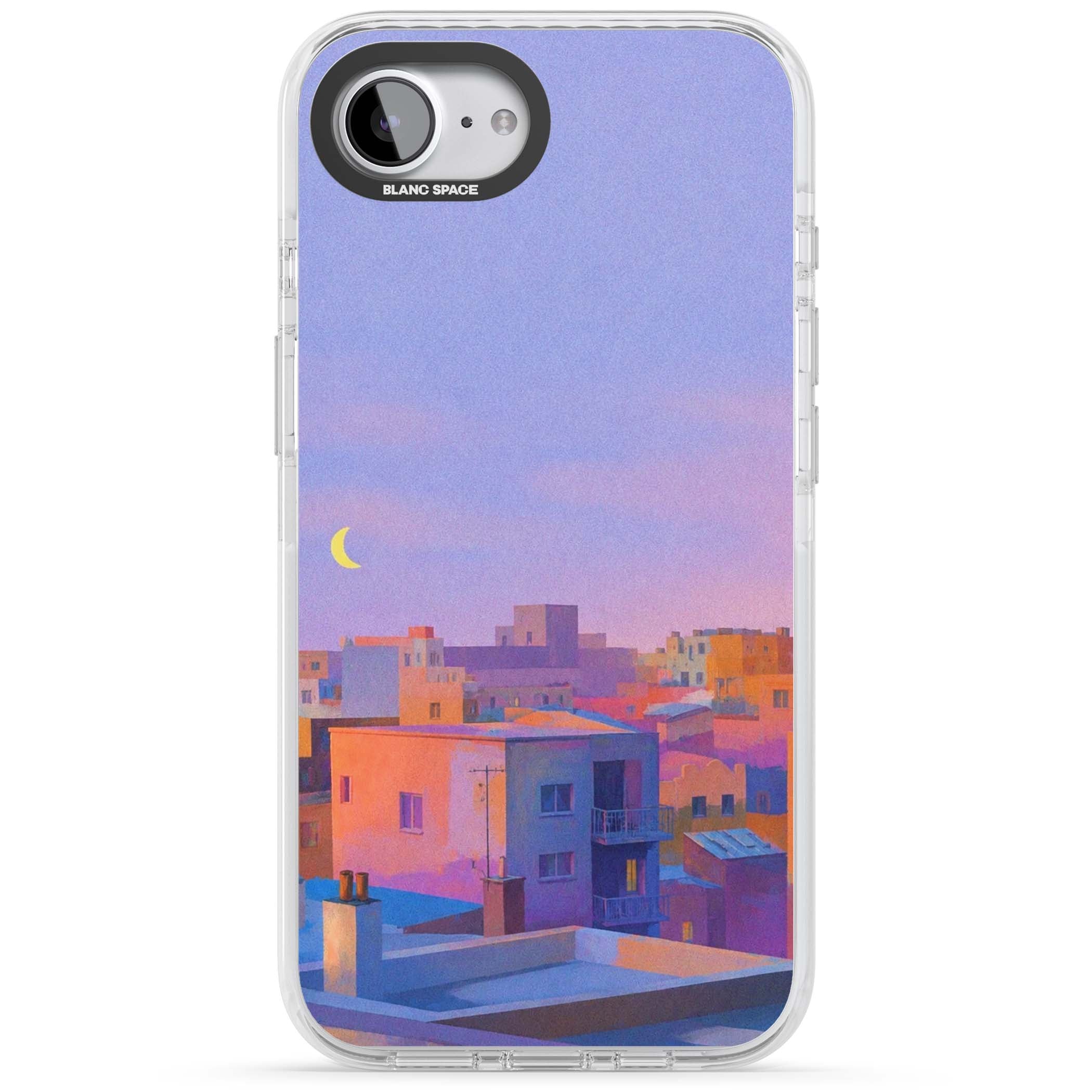 Twilight Rooftops vaporwave iPhone case featuring a pastel sunset cityscape, painted rooftops and a crescent moon. | Clear Impact case for iPhone 16e, iPhone 17e