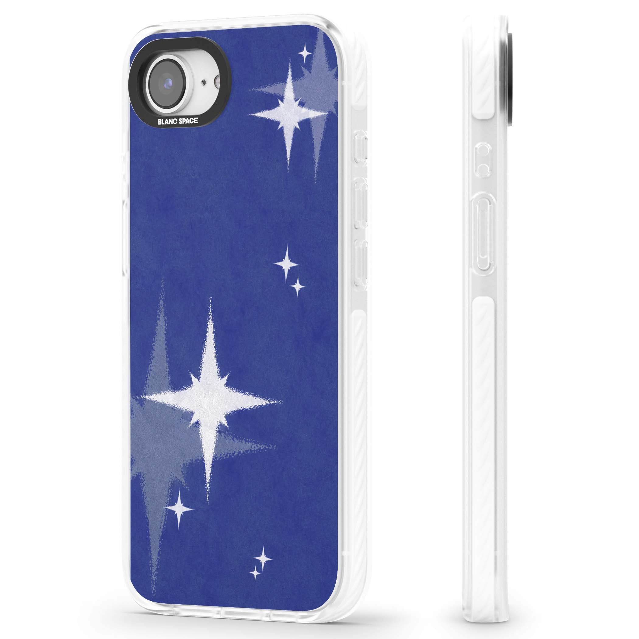 Blue Sparkle celestial iPhone case featuring sparkling silver stars on a deep blue painterly night sky | Clear Impact case for iPhone 16e, iPhone 17e