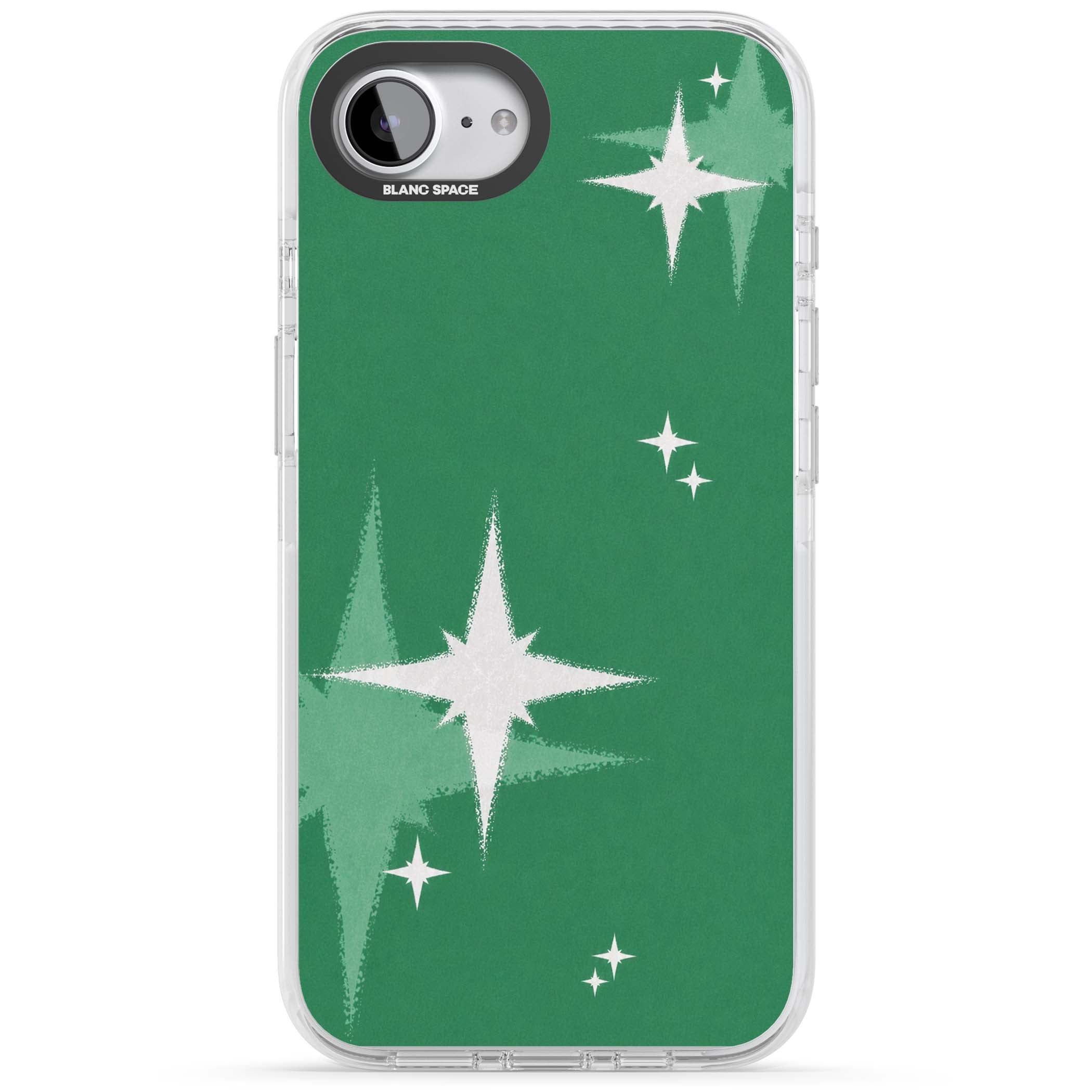 Green Sparkle celestial iPhone case featuring sparkling white four-point stars on a deep green background | Clear Impact case for iPhone 16e, iPhone 17e