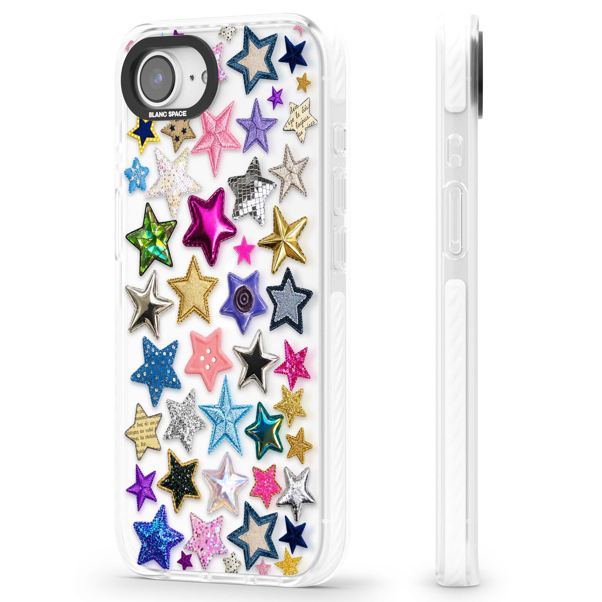 Crafty Star Mix Y2K iPhone case featuring embroidered, sequinned and glitter star patches in rainbow colours | Clear Impact case for iPhone 16e, iPhone 17e