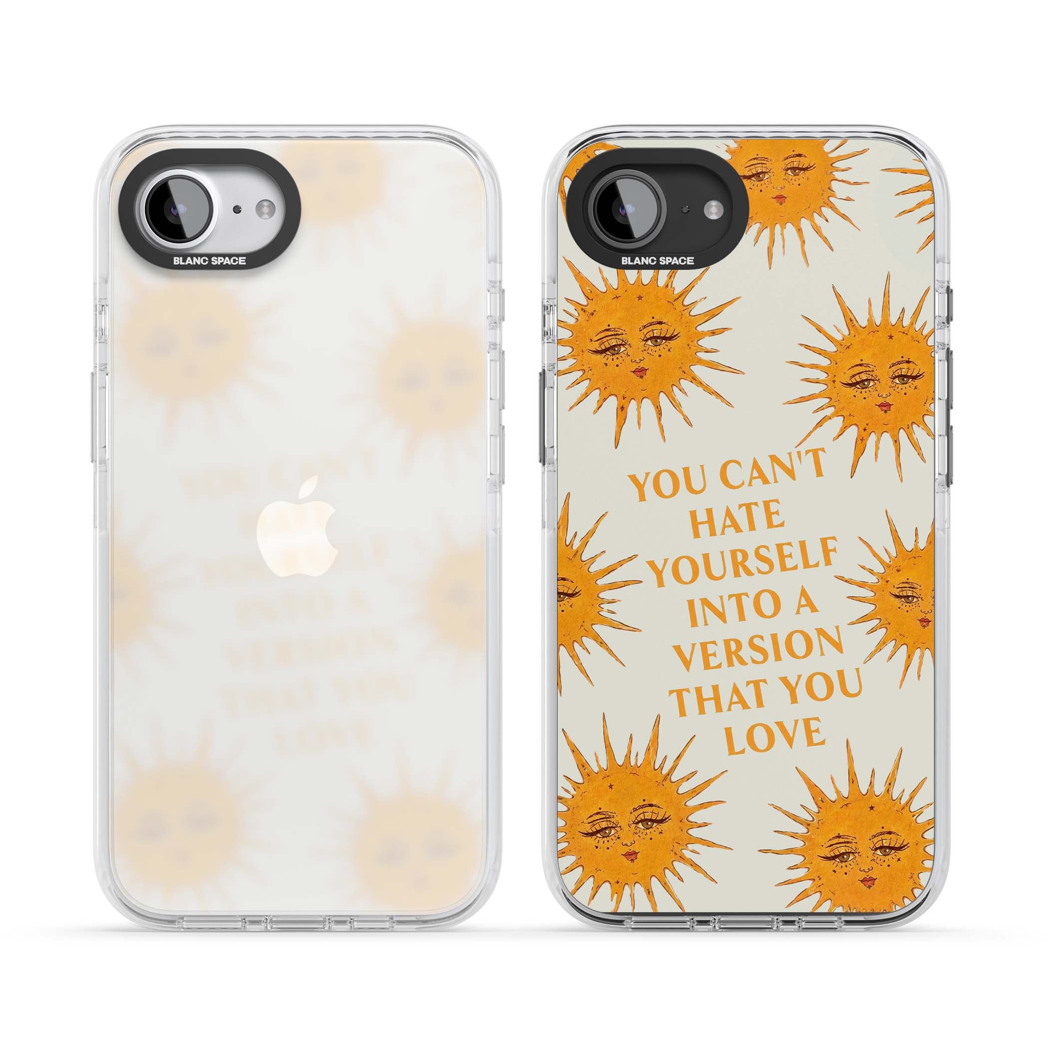 Don't Hate Yourself celestial iPhone case featuring vintage sun faces, ochre rays and a self-love quote | Clear Impact case for iPhone 16e, iPhone 17e