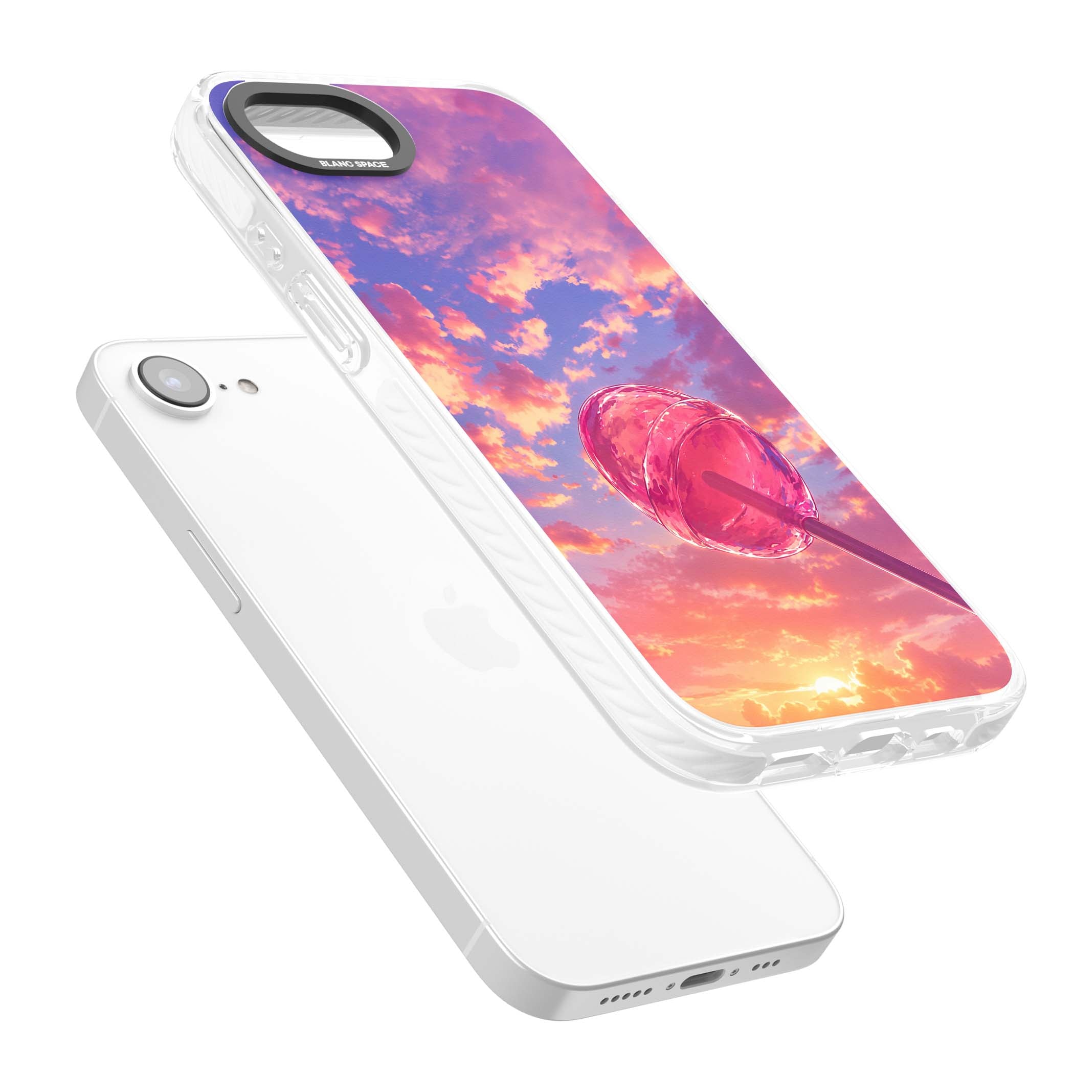 Sugar Sunset candy aesthetic iPhone case featuring a pink lollipop, pastel sunset sky and dreamy clouds | Clear Impact case for iPhone 16e, iPhone 17e