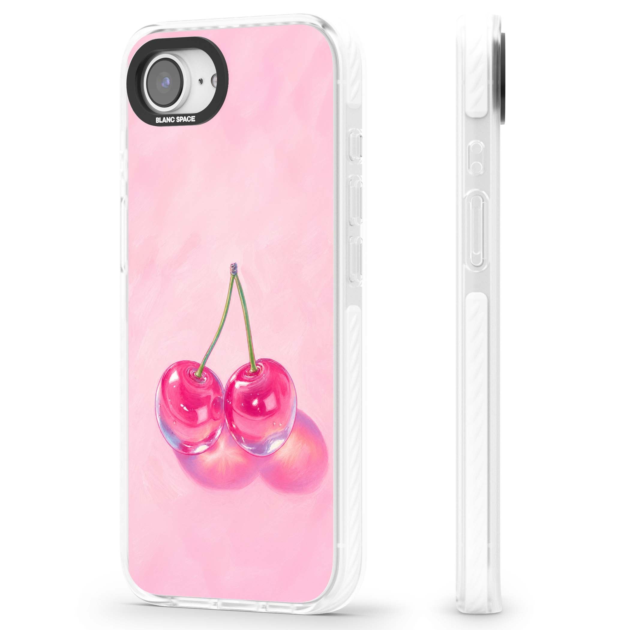 Pink Glass Cherry coquette iPhone case featuring two glossy painted cherries on a soft pink background | Clear Impact case for iPhone 16e, iPhone 17e