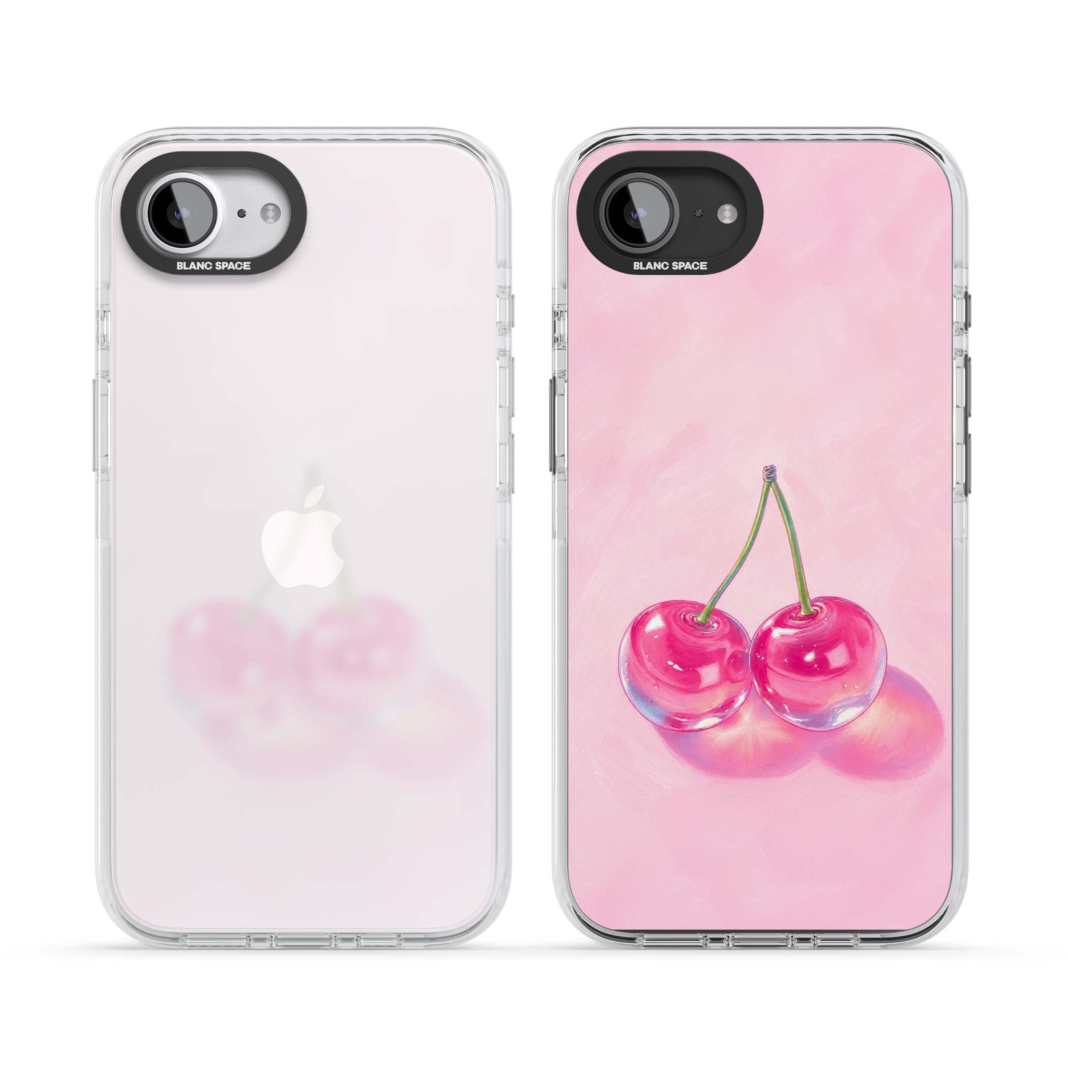Pink Glass Cherry coquette iPhone case featuring two glossy painted cherries on a soft pink background | Clear Impact case for iPhone 16e, iPhone 17e