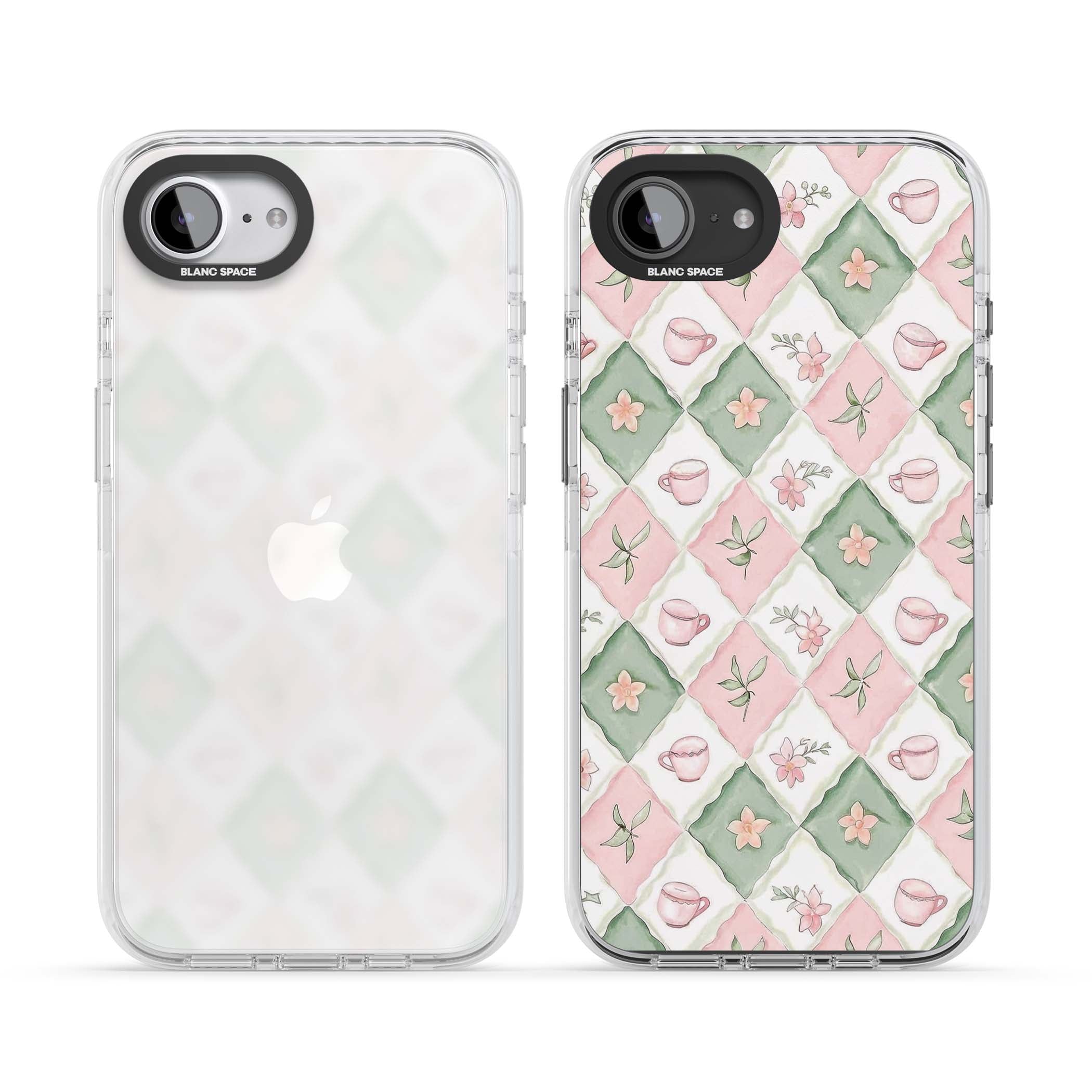 Garden Tea Party coquette iPhone case with pink and green checkered pattern, watercolour teacups and wildflowers | Clear Impact case for iPhone 16e, iPhone 17e
